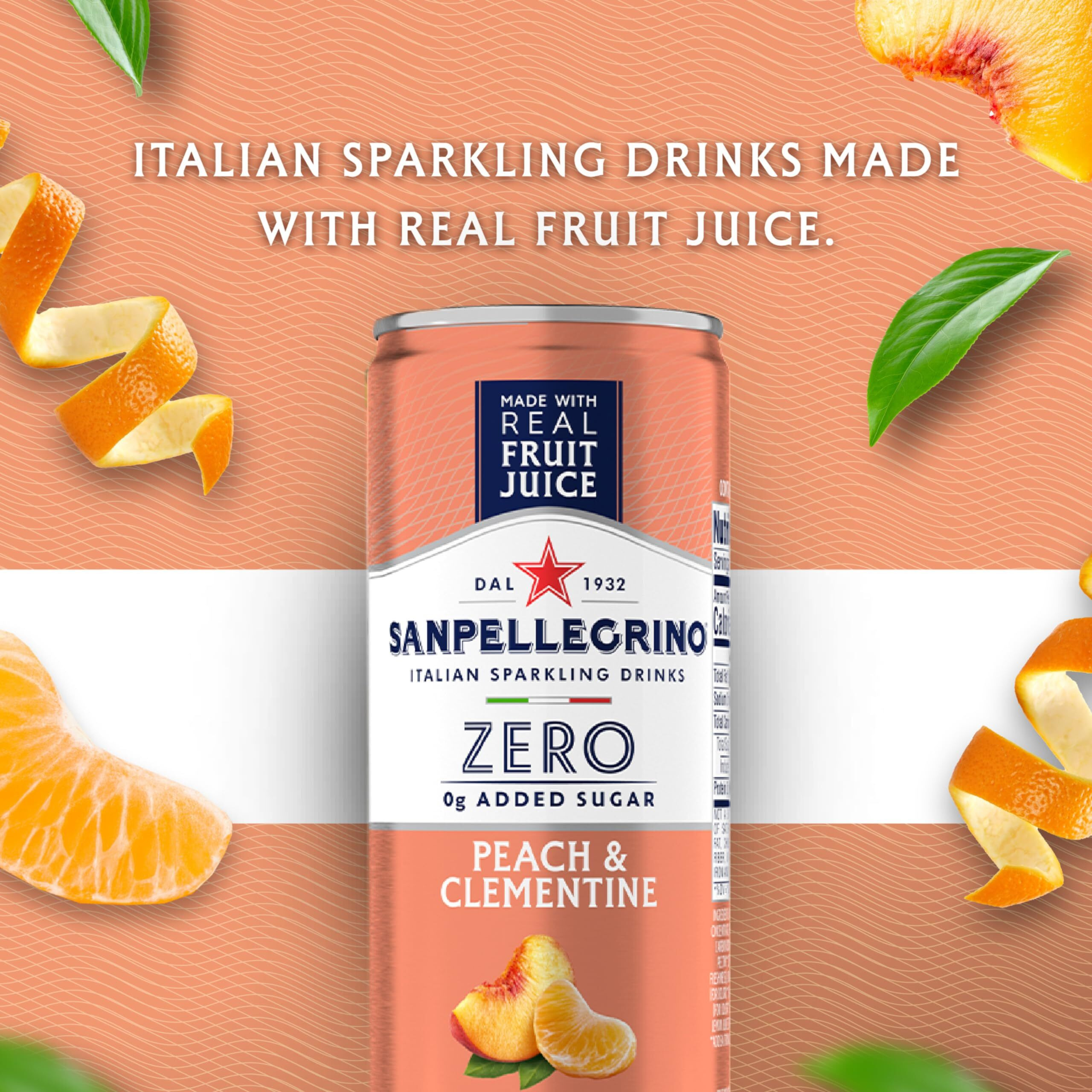 Sanpellegrino Zero Grams Added Sugar Italian Sparkling Drinks, Sparkling Peach Clementine Beverage, 11.15 Fl Oz (Pack Of 24)