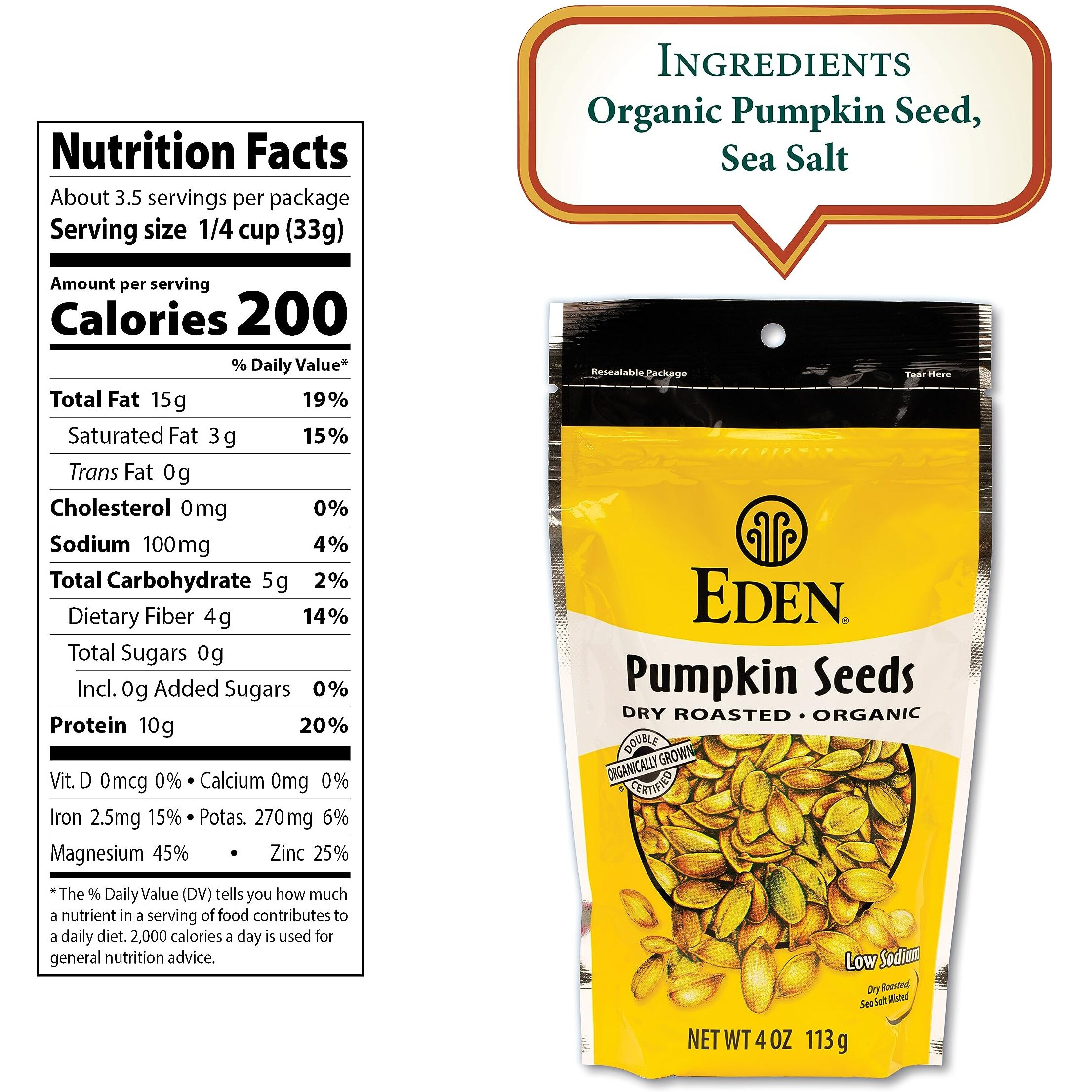 Eden Organic Pumpkin Seeds, Dry Roasted And Lightly Salted, 4 Oz (6-Pack)