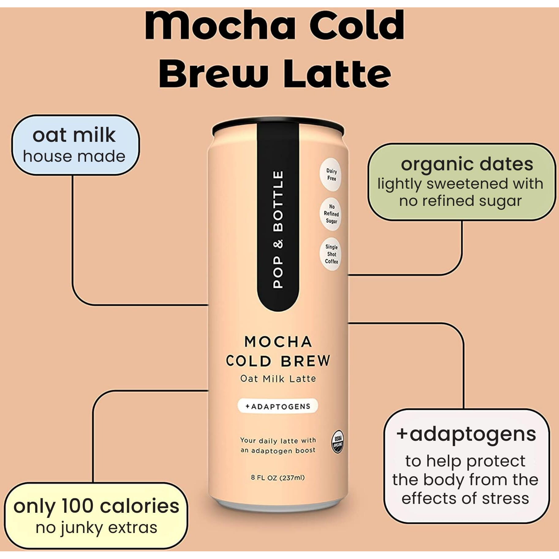 Pop & Bottle, Oat Milk Lattes - Cold Brew With Adaptogens, Maca, Ashwagandha, Mct Oil, Oat Milk, Organic, Dairy Free, Gluten Free, Great As Iced Coffee, Lightly Sweetened With Dates - Mocha, 8 Fl Oz (12 Pack)