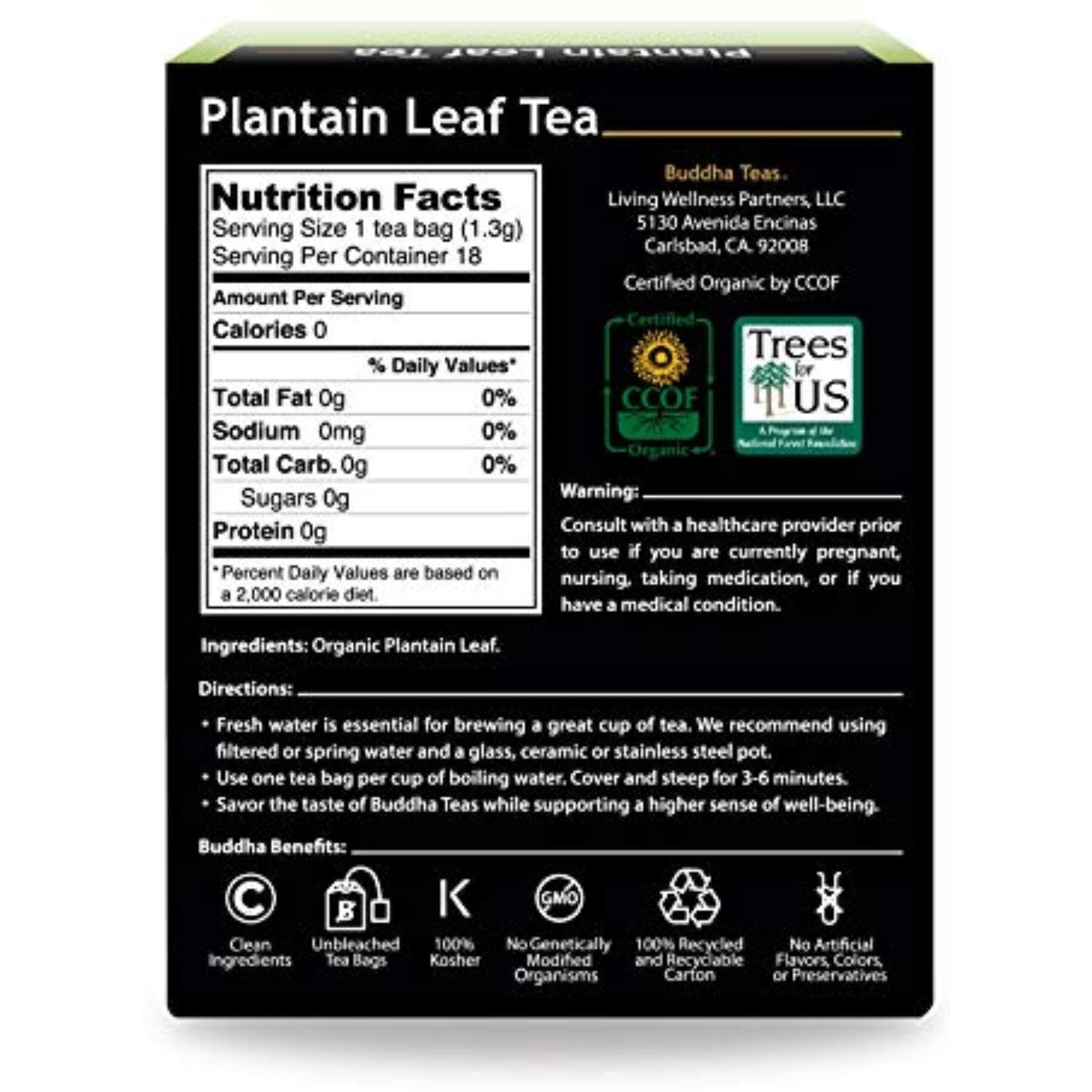 Buddha Teas Organic Plantain Leaf Tea - Ou Kosher, Usda Organic, Ccof Organic, 18 Bleach-Free Tea Bag