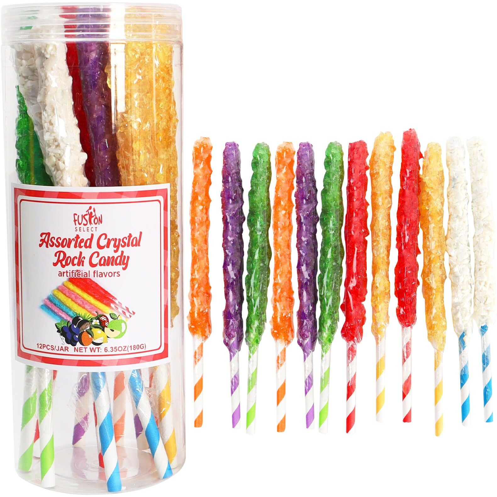 Fusion Select 36 Crystal Rock Candy Sticks - Sweet Hard Sugar Lollipop Snacks With Strong Flavors - Assorted Large, Individually Wrapped Candies - Colored Buffet Treats & Party Favors For Kids