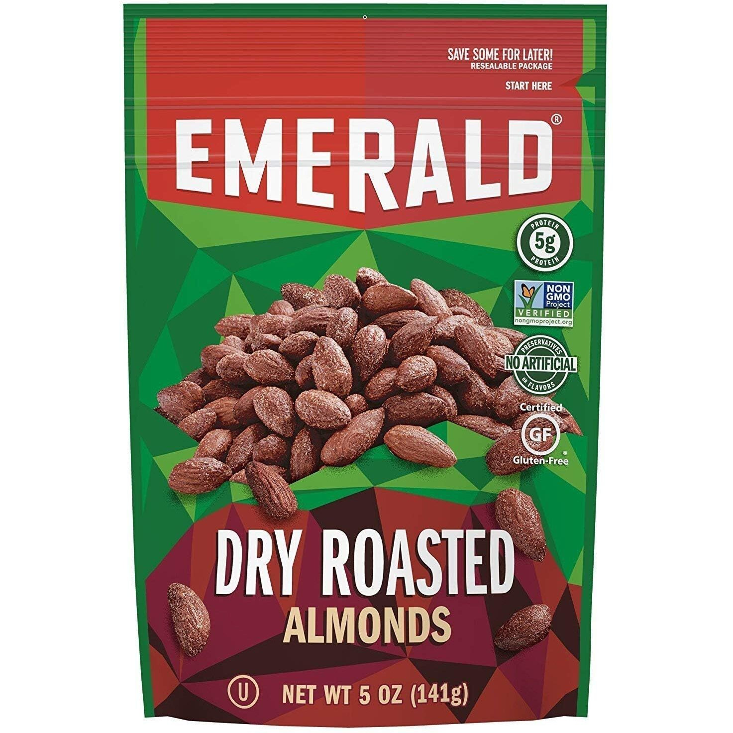 Emerald Dry Roasted Almonds, 5 Ounce Resealable Bag (Pack Of 4)