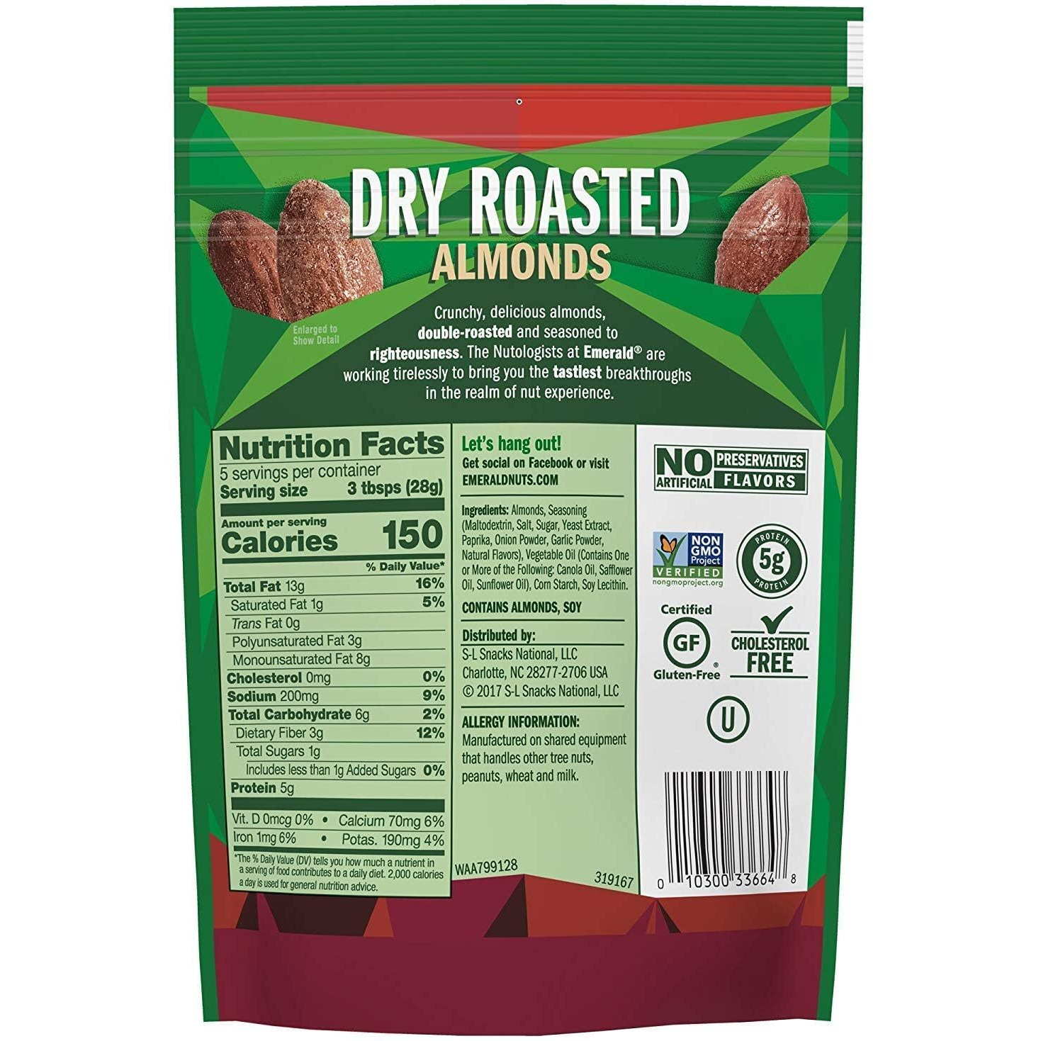 Emerald Dry Roasted Almonds, 5 Ounce Resealable Bag (Pack Of 4)