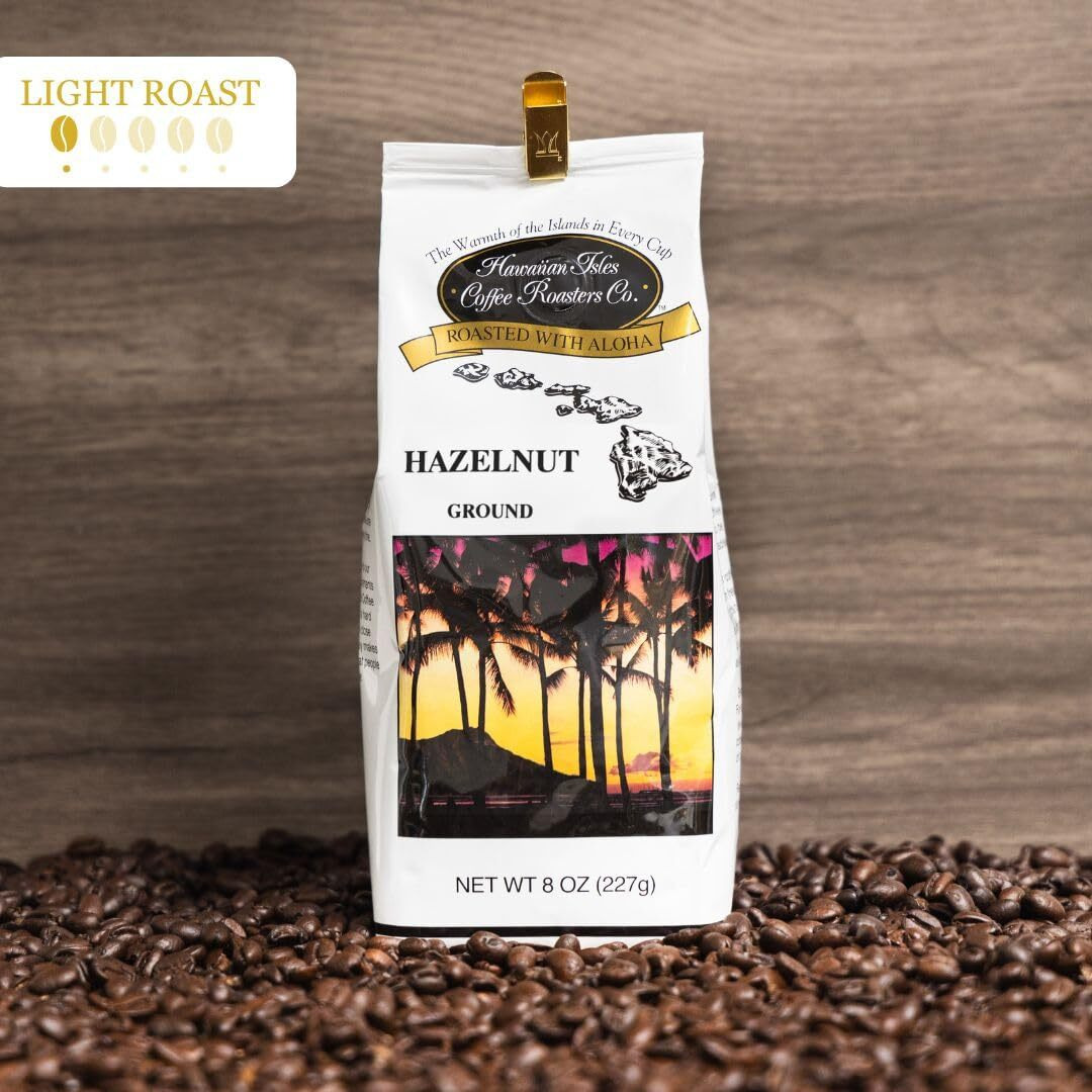 Hawaiian Isles Coffee Hazelnut Flavored, Light Roast Ground Coffee, Roasted With Aloha - 8 Ounce Bag