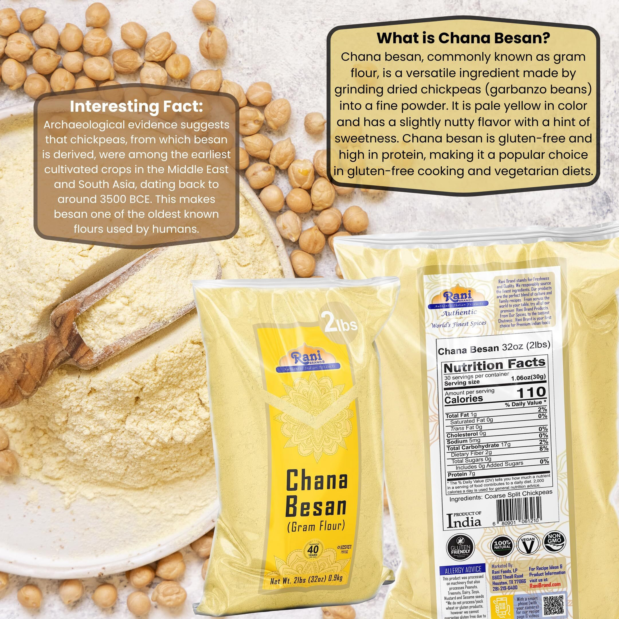 Rani Chana Besan (Chickpeas Flour, Gram) 32Oz (2Lbs) 908G ~ All Natural | Vegan | Gluten Friendly | Non-Gmo | Kosher | Indian Origin