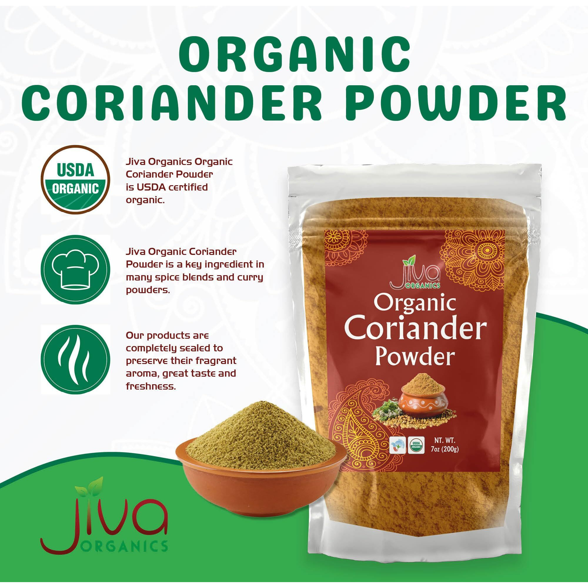 Jiva Organics Organic Ground Coriander Powder - Non-Gmo, Pure - Dhania, Coriander Seeds Ground (7 Ounce Bag)