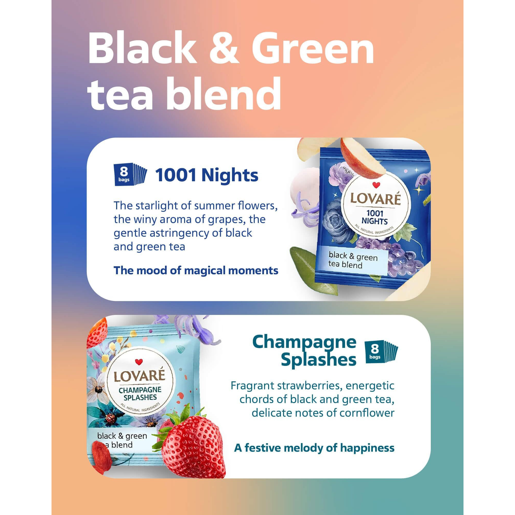 Lovare Tea Bags, 32 Count - Assorted Black Tea Variety Pack - 1001 Night, Passion Fruit, Champagne Splashes, Wild Berry - Made In Ukraine - Gluten Free