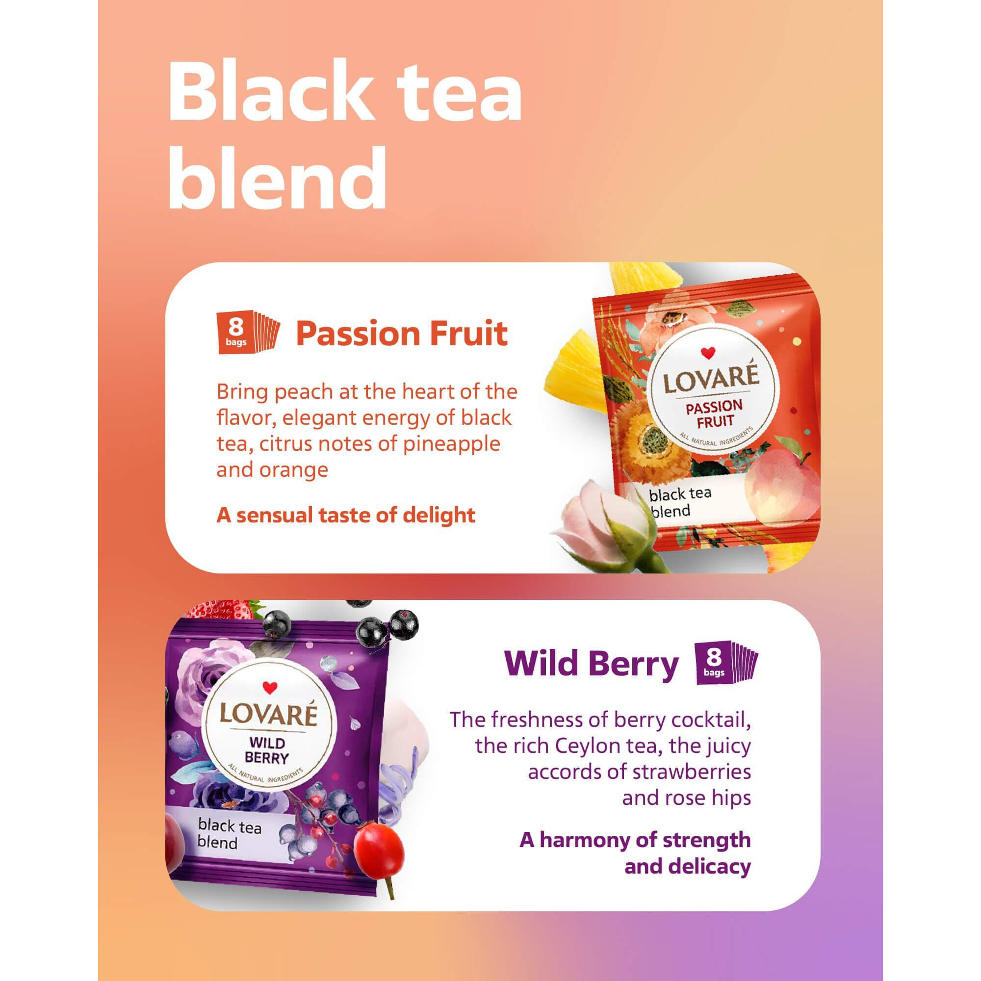 Lovare Tea Bags, 32 Count - Assorted Black Tea Variety Pack - 1001 Night, Passion Fruit, Champagne Splashes, Wild Berry - Made In Ukraine - Gluten Free