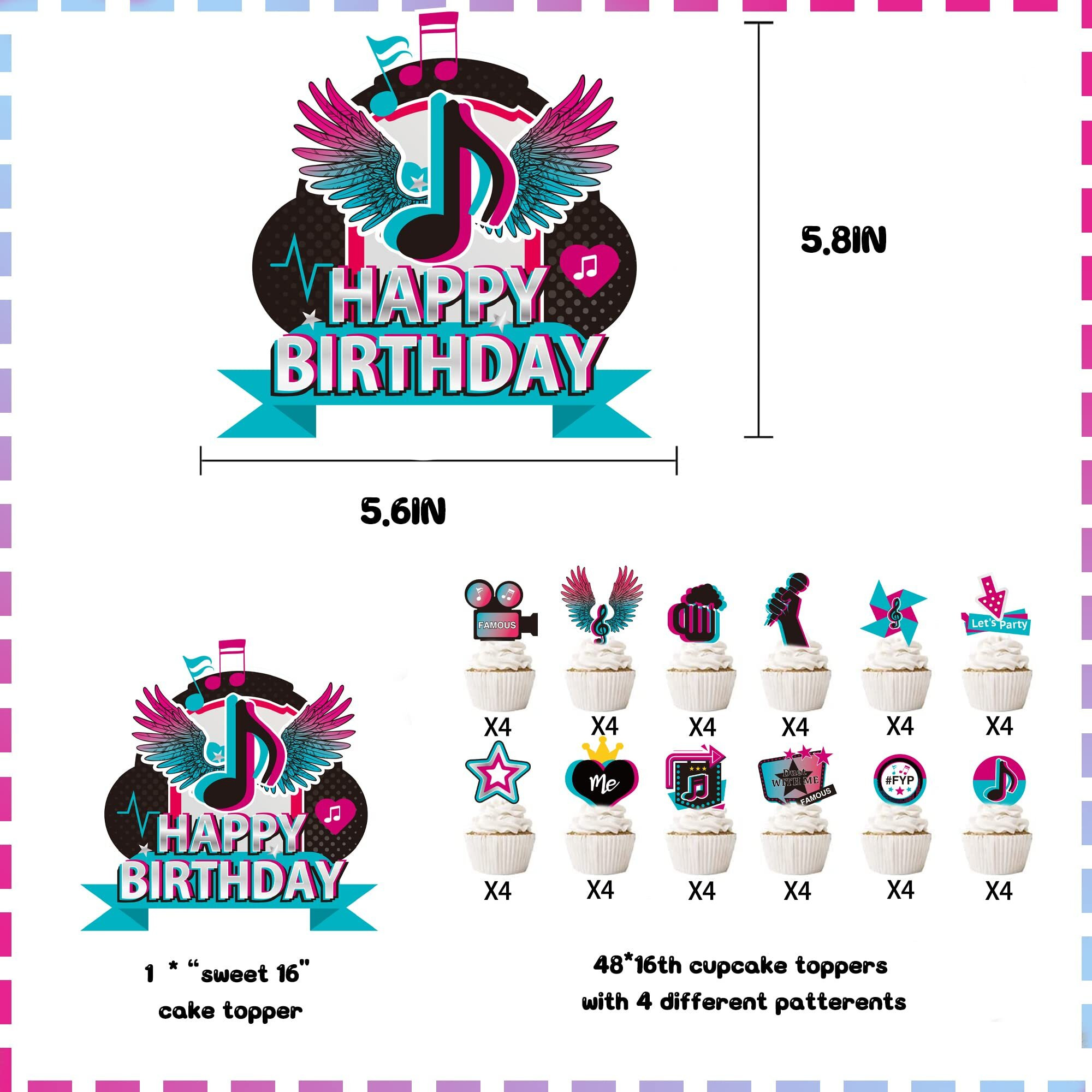 49Pcs Music Cake Toppers Musical Birthday Party Cake Decorations For Musical Cupcake Toppers Set Girls Tik Theme Birthday Party Supplies