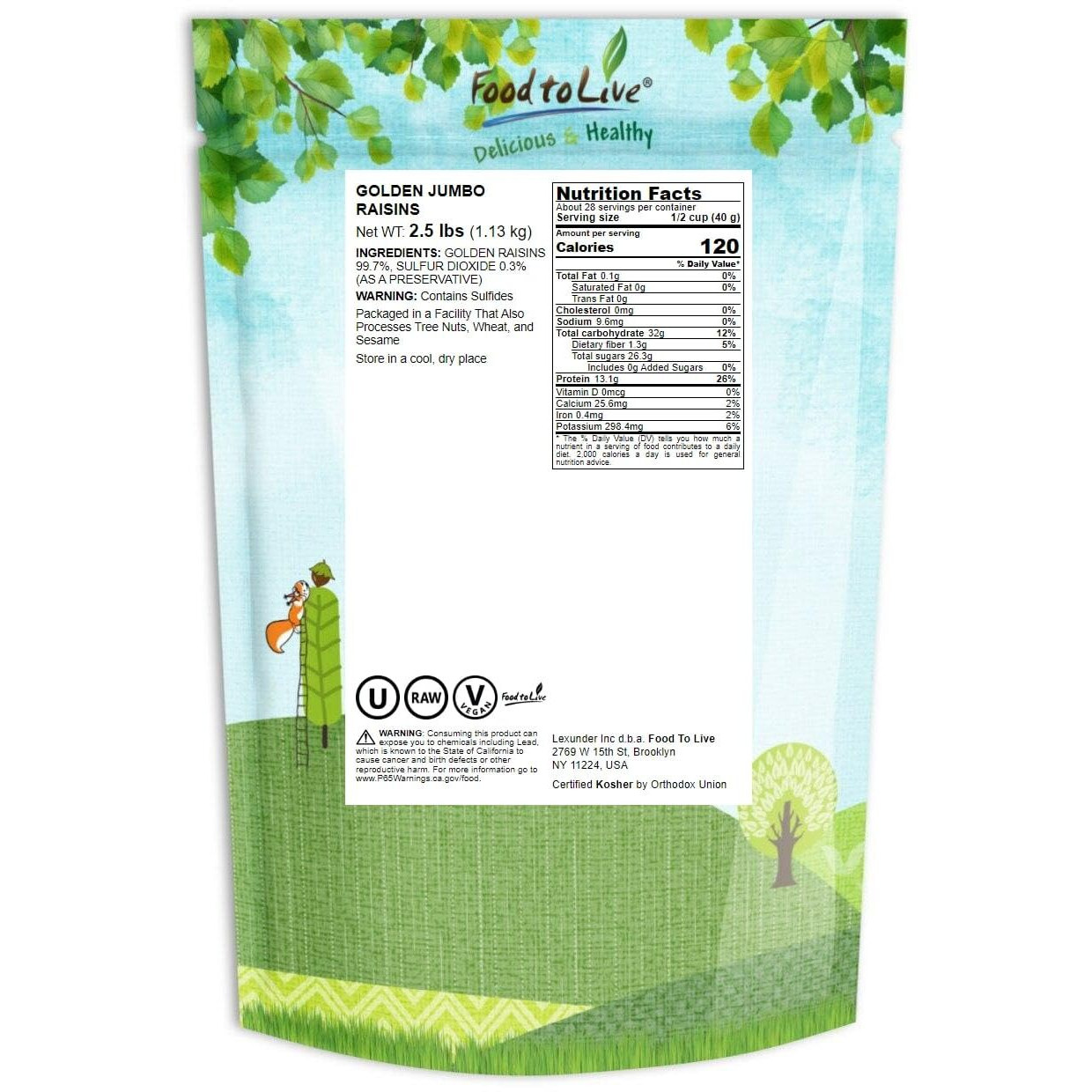 Food To Live California Jumbo Golden Raisins, 2.5 Pounds - Seedless, Sun-Dried, No Added Oil, No Added Sugar, Kosher, Vegan, Raw, Bulk