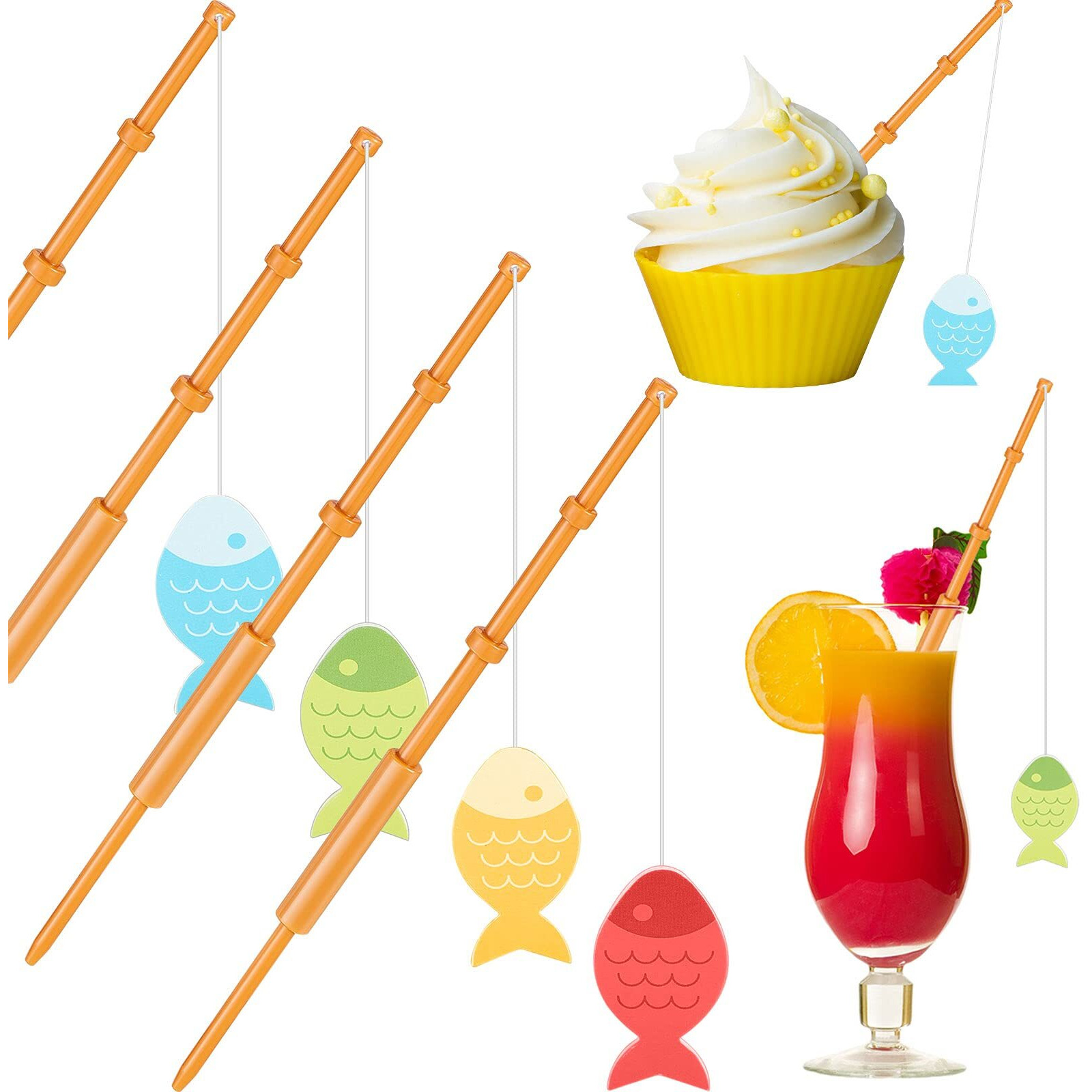 Boao 20 Pieces Mini Fish Pole Decoration Little Fisherman Fishing Pole Picks Mini Cupcake Picks For Birthday Party Tropical Party Appetizer Cake Decoration