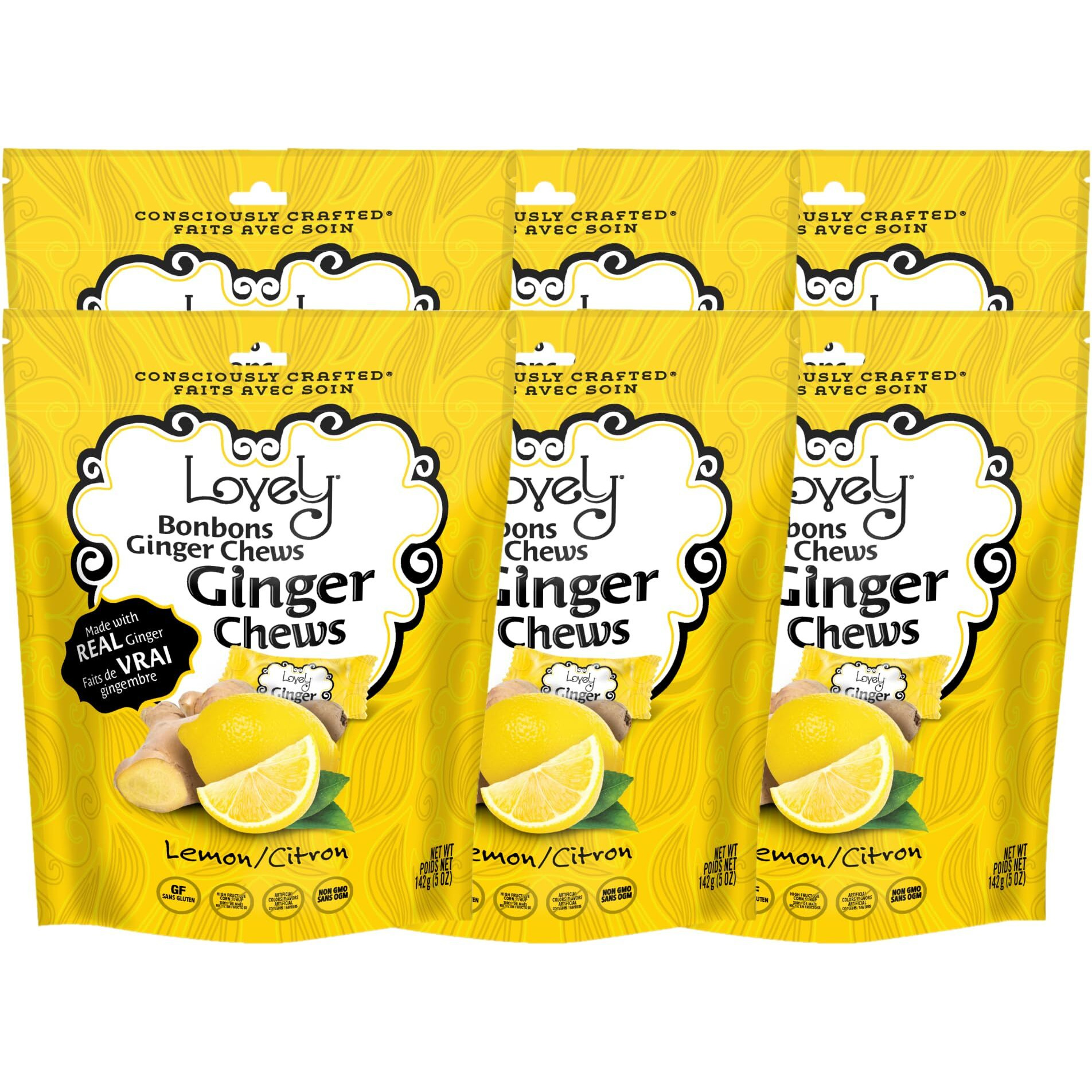 Lovely Candy Co. Lemon Ginger Chews, Made With Real Ginger, Individually Wrapped, 5Oz (6-Pack) | Gluten-Free, Non-Gmo, No Artificial Ingredients, No High Fructose Corn Syrup | 4 Simple Ingredients