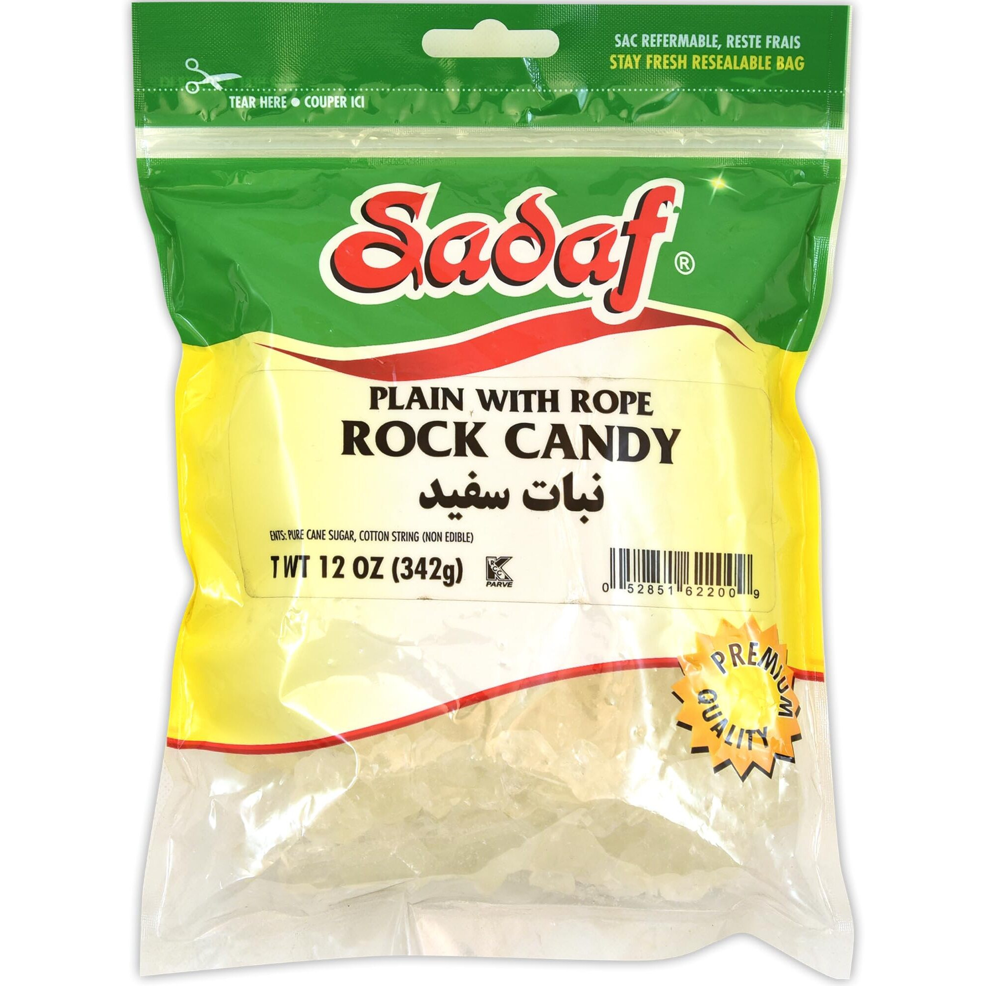 Sadaf Rock Candy Plain With Rope - Rock Candy String For Tea And Beverages - Food Flavoring Candy Rocks - Classic Sweet Delight - 12 Oz Resealable Bag