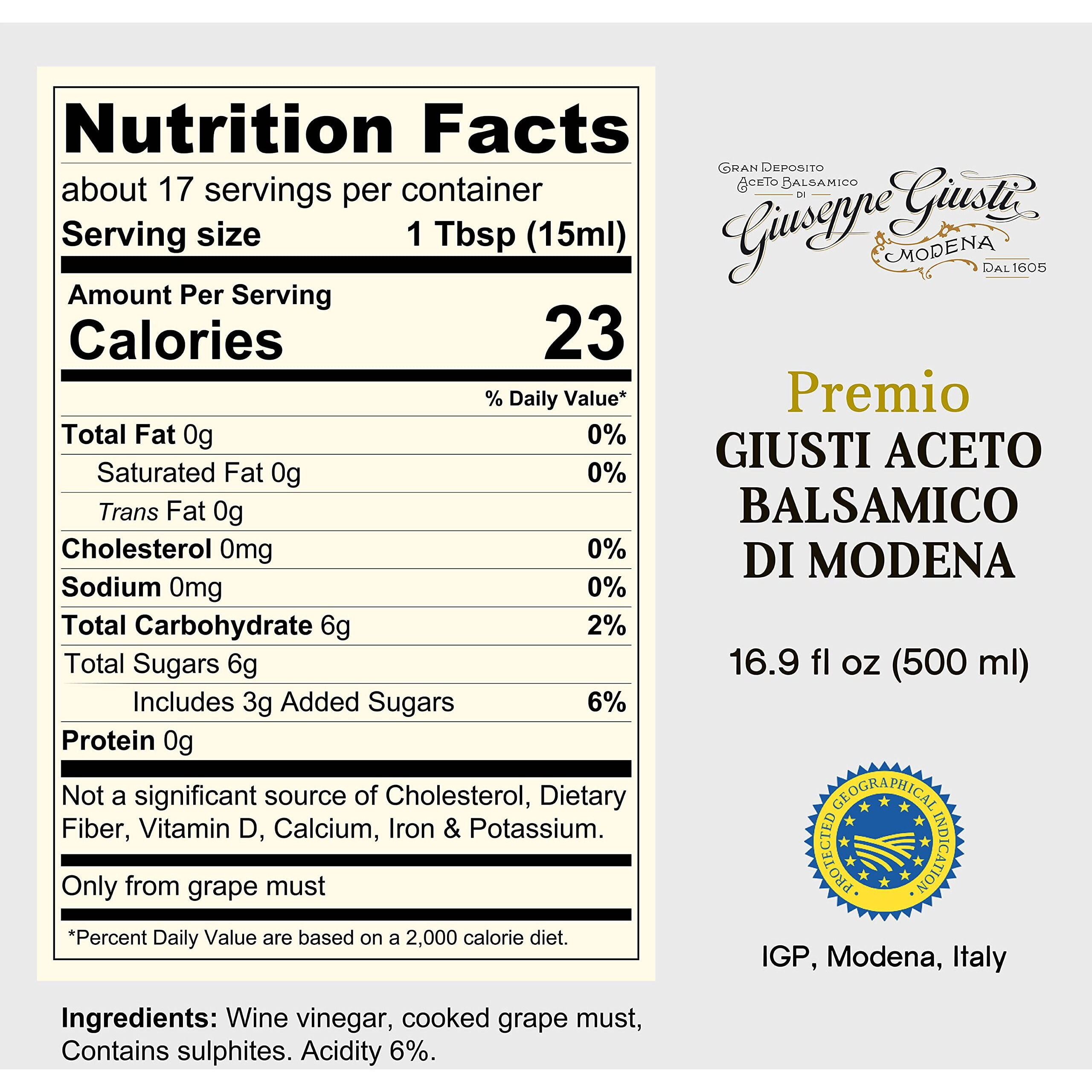 Giusti Premio Aged Balsamic Vinegar Of Modena Italy - Italian Aceto Balsamico Di Modena Igp Certified For Meats, Vegetables, Bread, And Desserts 16.9 Fl Oz / 500Ml (2 Pack)