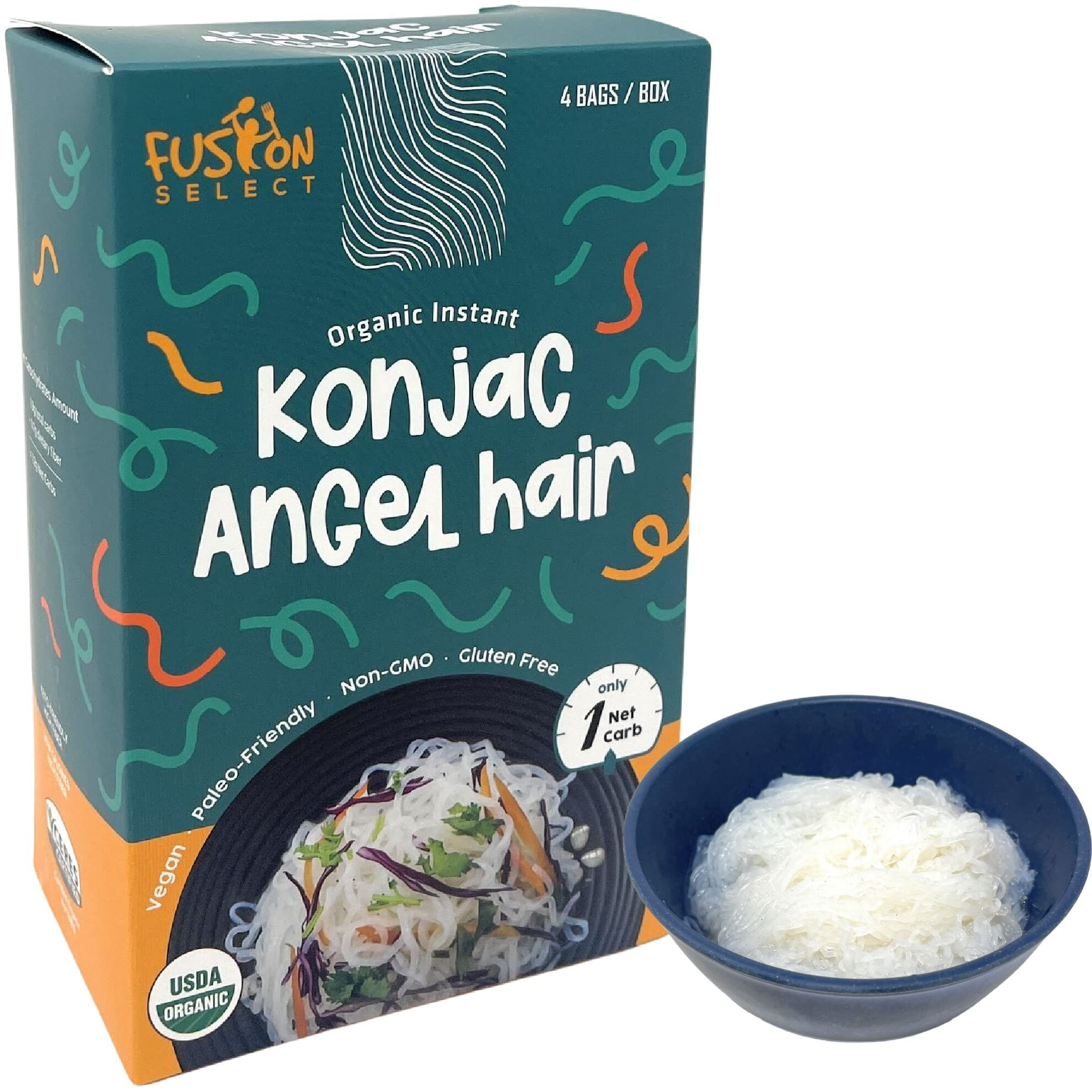 Fusion Select Konjac Noodles - Shirataki Angel Hair Plant-Based Substitute - Healthy Diet Pasta - Rich In Fiber - Vegan, Keto, Paleo-Friendly, Zero Gluten, Low-Carb & Low-Calorie - 4 Packs