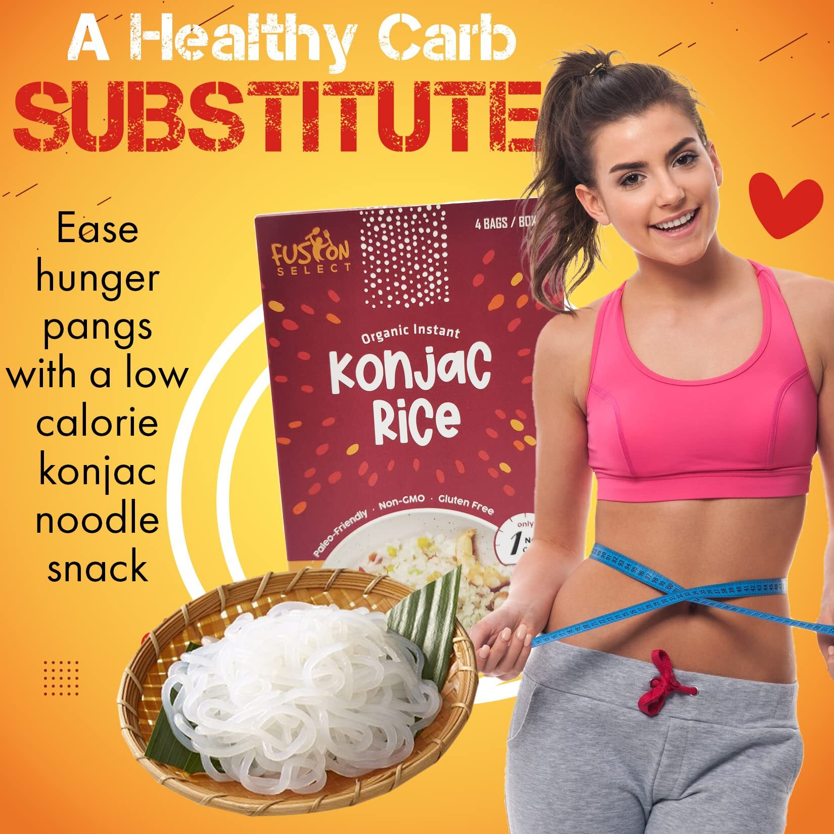 Fusion Select Konjac Noodles - Shirataki Angel Hair Plant-Based Substitute - Healthy Diet Pasta - Rich In Fiber - Vegan, Keto, Paleo-Friendly, Zero Gluten, Low-Carb & Low-Calorie - 4 Packs