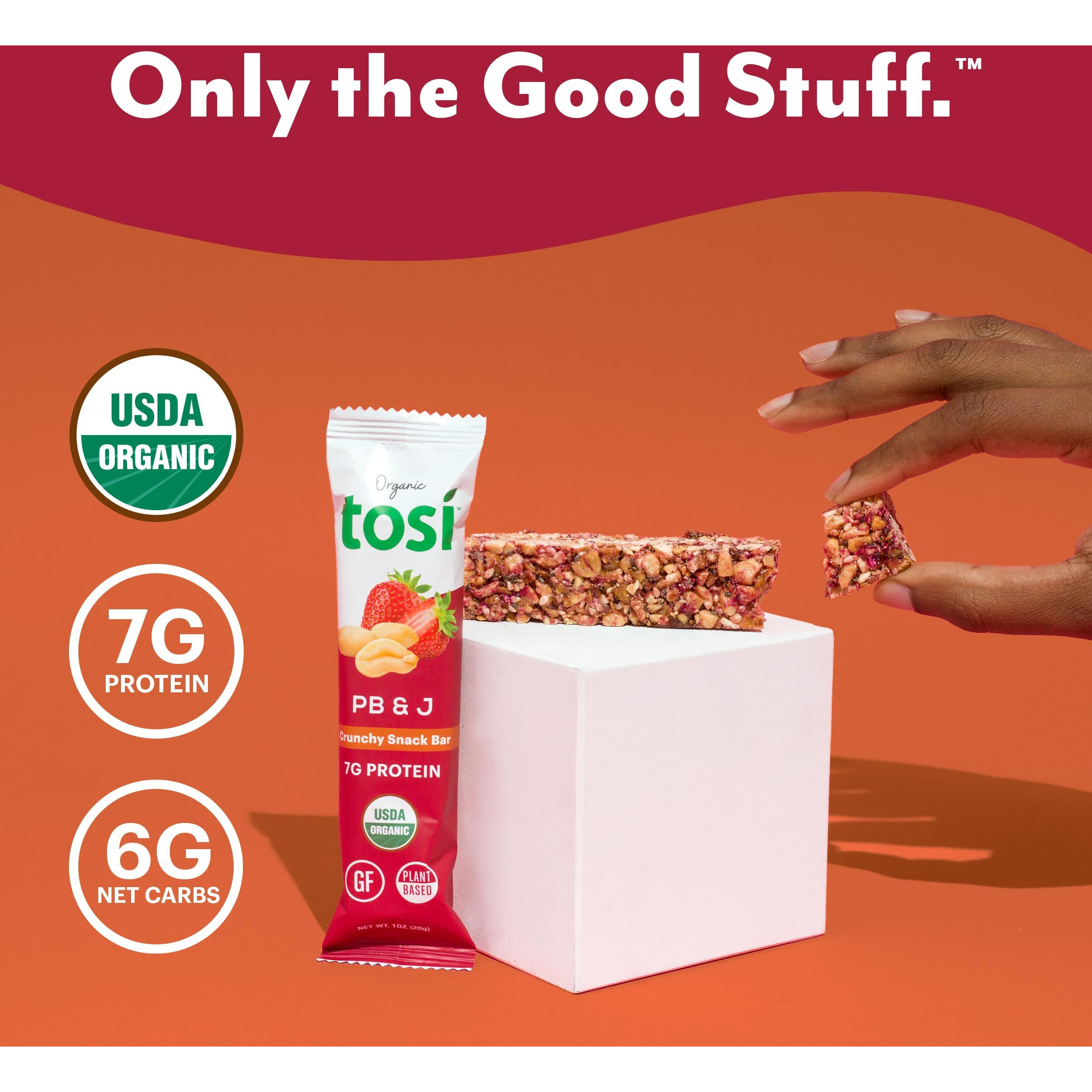 Tosi Peanut Butter & Jelly Protein Bars, Plant Based With Nuts, Gluten-Free Crunchy Snacks, Vegan, Organic, Flax & Chia Seeds, Soy-Free, Omega 3S, 7G Protein, 1 Oz, 12-Pack