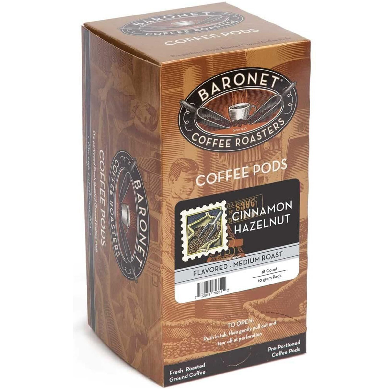 Baronet Coffee Pods [Cinnamon Hazelnut-54 Pods] Flavored Single Cup Use, Like Senseo Coffee Pods [3 Boxes Of 18 Single Serve 10 Gram Pads] Regular Strength Soft Coffee Pods, Medium Roast [Cinn Hazel]