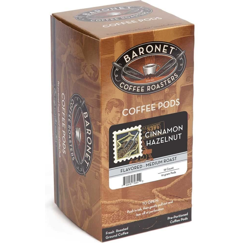 Baronet Coffee Pods [Cinnamon Hazelnut-54 Pods] Flavored Single Cup Use, Like Senseo Coffee Pods [3 Boxes Of 18 Single Serve 10 Gram Pads] Regular Strength Soft Coffee Pods, Medium Roast [Cinn Hazel]