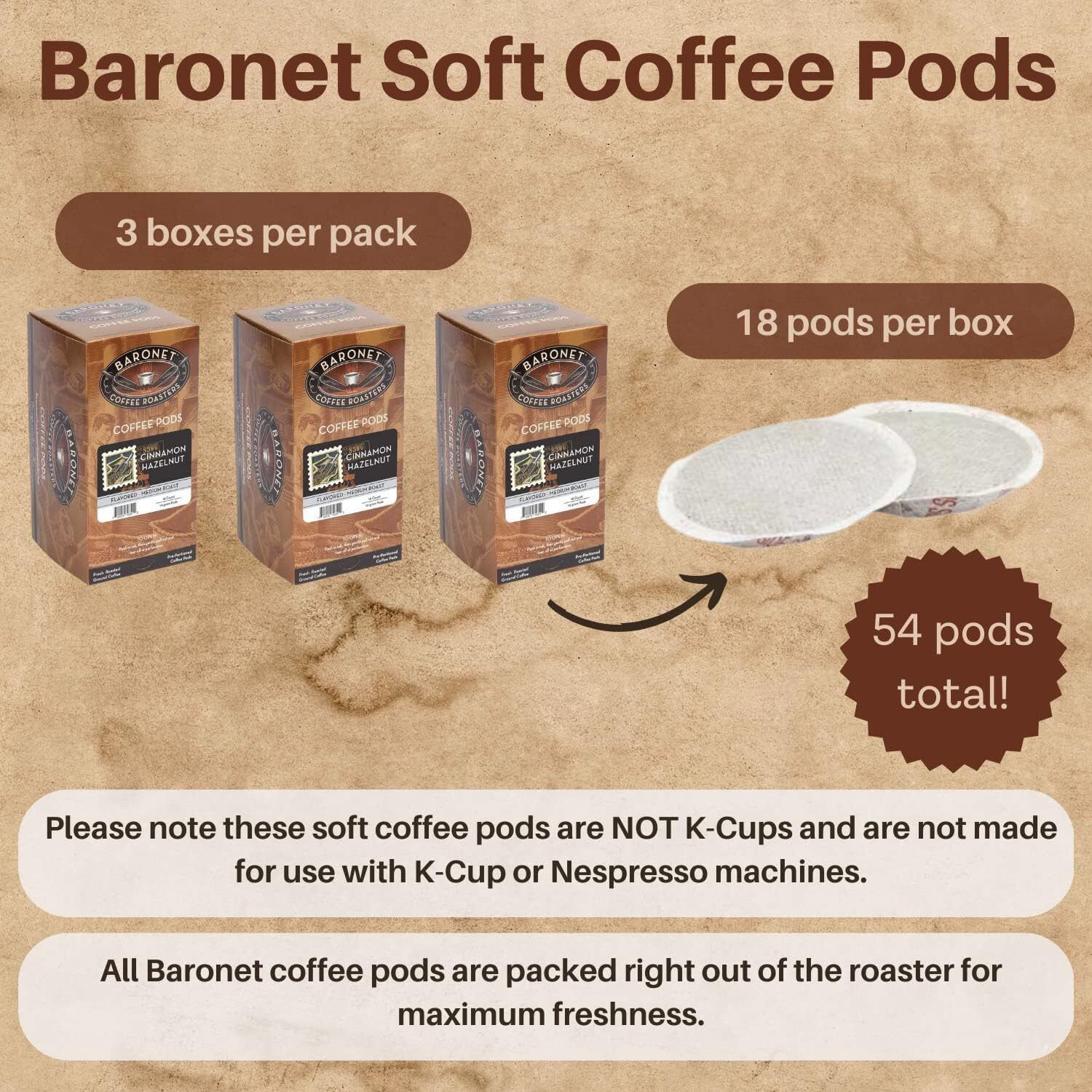 Baronet Coffee Pods [Cinnamon Hazelnut-54 Pods] Flavored Single Cup Use, Like Senseo Coffee Pods [3 Boxes Of 18 Single Serve 10 Gram Pads] Regular Strength Soft Coffee Pods, Medium Roast [Cinn Hazel]