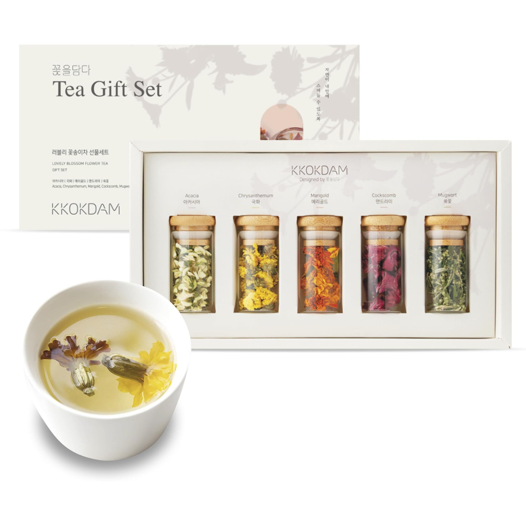 Kkokdam Lovely Tea Gift Set Variety Pack - Loose Leaf Tea Set, Blooming Tea Flowers, Korean Tea Set, Unique Tea Gifts, Fancy Tea Sets, Korean Gift Set - 5 Count
