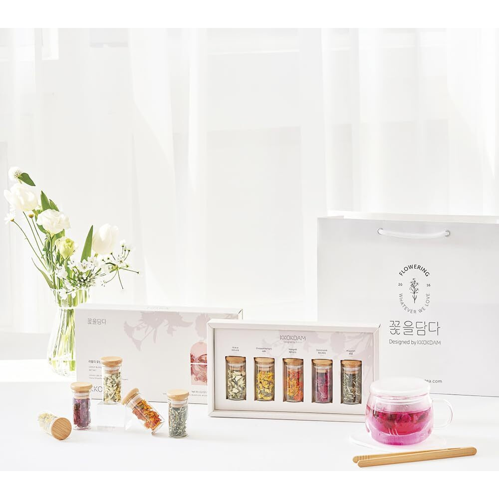 Kkokdam Lovely Tea Gift Set Variety Pack - Loose Leaf Tea Set, Blooming Tea Flowers, Korean Tea Set, Unique Tea Gifts, Fancy Tea Sets, Korean Gift Set - 5 Count