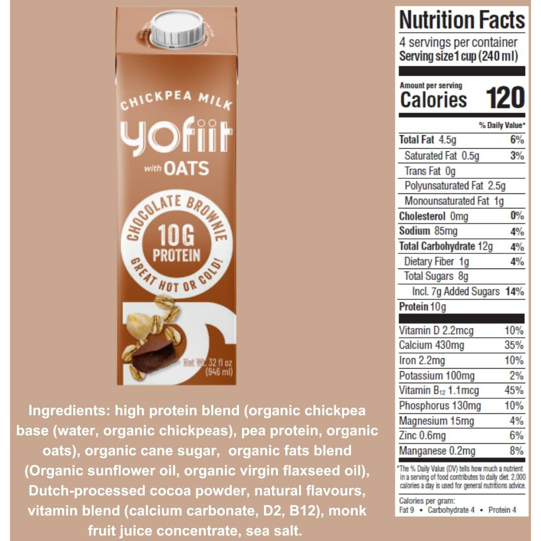 Yofiit Chocolate Brownie Non Dairy Milk - Delicious Vegan Chocolate Milk - 10G Protein & Less Sugar, Shelf Stable Milk With Oats, Pea Protein & Flax - Omega-3, High Protein Drinks (6 Pack)