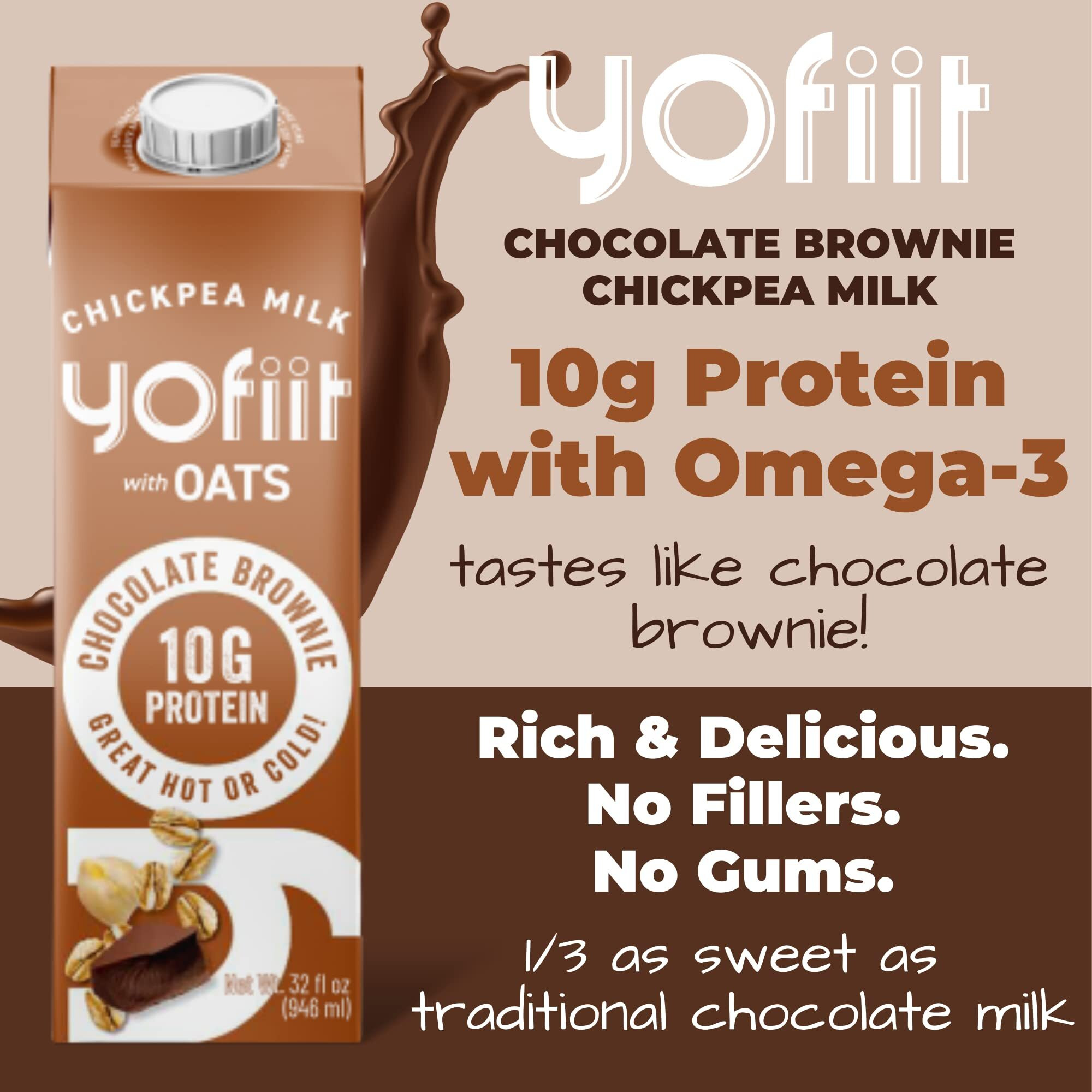 Yofiit Chocolate Brownie Non Dairy Milk - Delicious Vegan Chocolate Milk - 10G Protein & Less Sugar, Shelf Stable Milk With Oats, Pea Protein & Flax - Omega-3, High Protein Drinks (6 Pack)