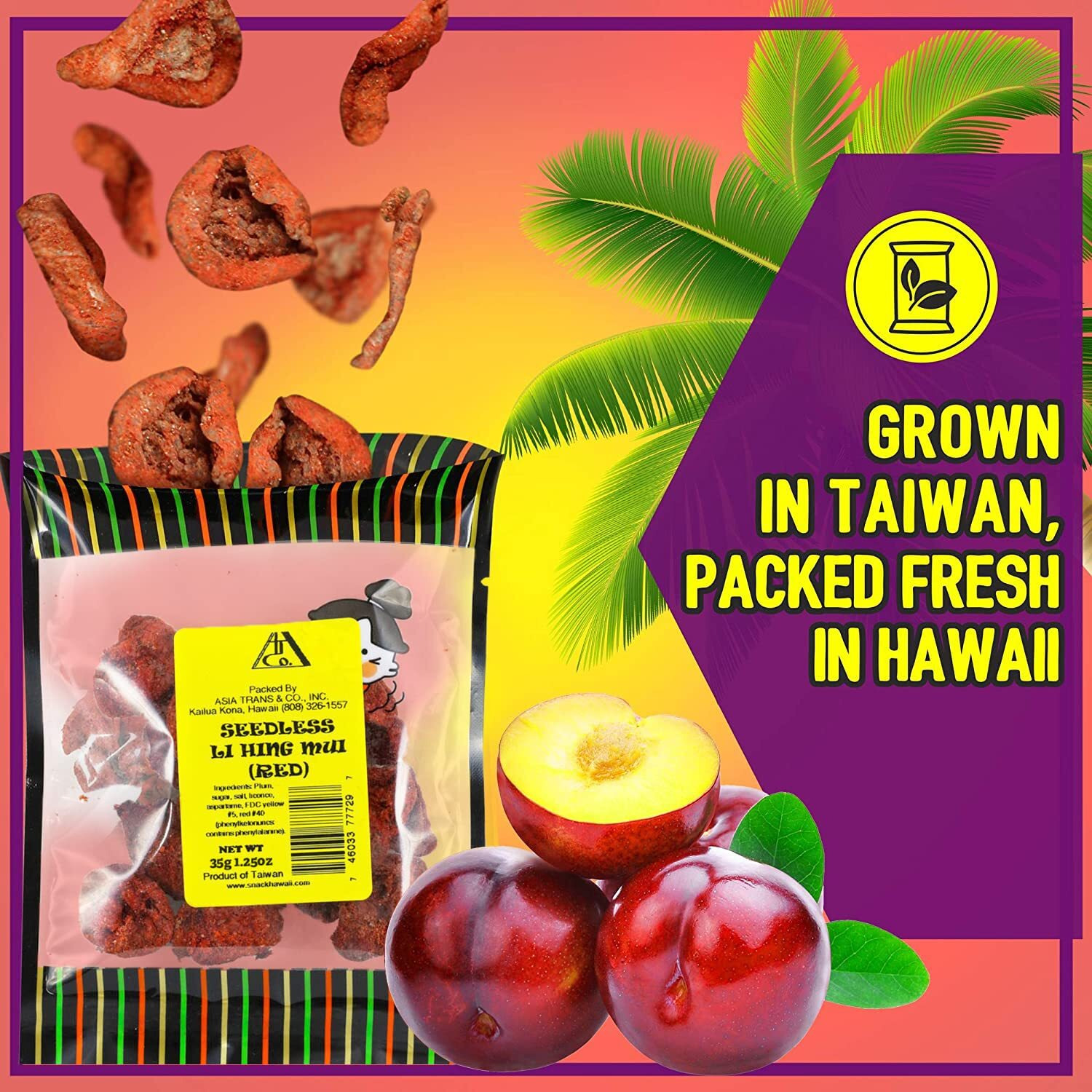 Seedless Red Li Hing Mui Crack Seed Plums | Hawaiian Favorite | Sweet, Sour, & Salty Dried Asian Plum Candy | 1.25 Ounce
