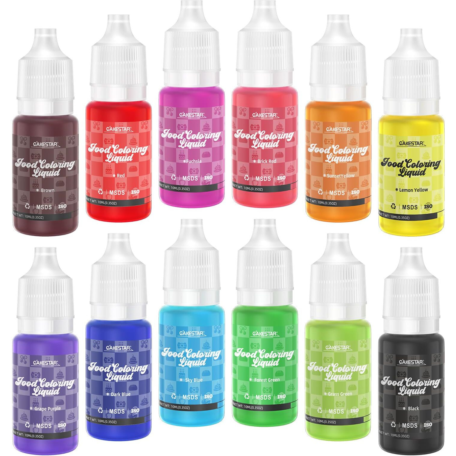 Cakestar Food Coloring Liquid 12 Colors, Vibrant Food Coloring For Slime, Assorted Neon Food Dye For Baking, Cake Decorating, Ice Cream, Frosting, 10Ml/Bottle