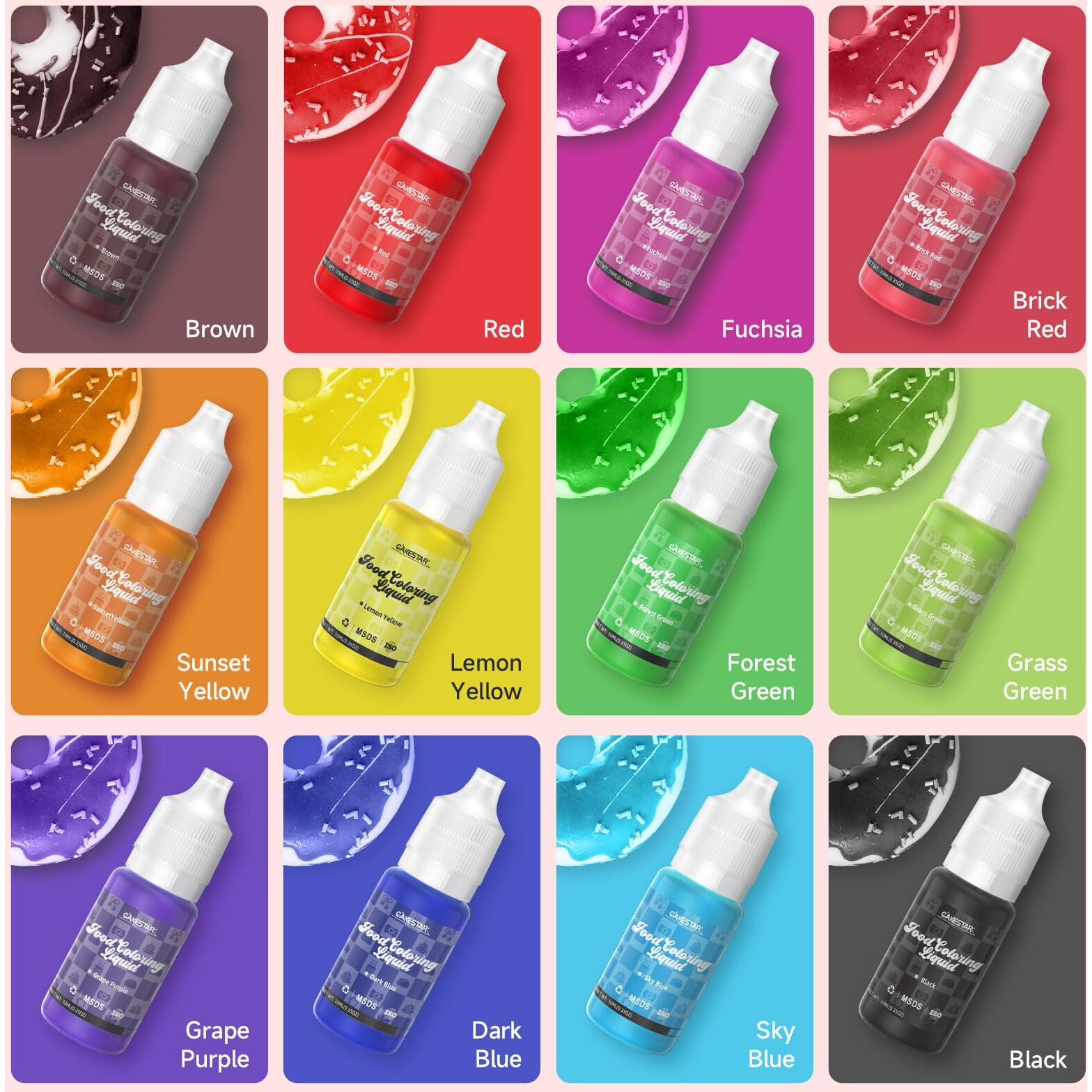 Cakestar Food Coloring Liquid 12 Colors, Vibrant Food Coloring For Slime, Assorted Neon Food Dye For Baking, Cake Decorating, Ice Cream, Frosting, 10Ml/Bottle