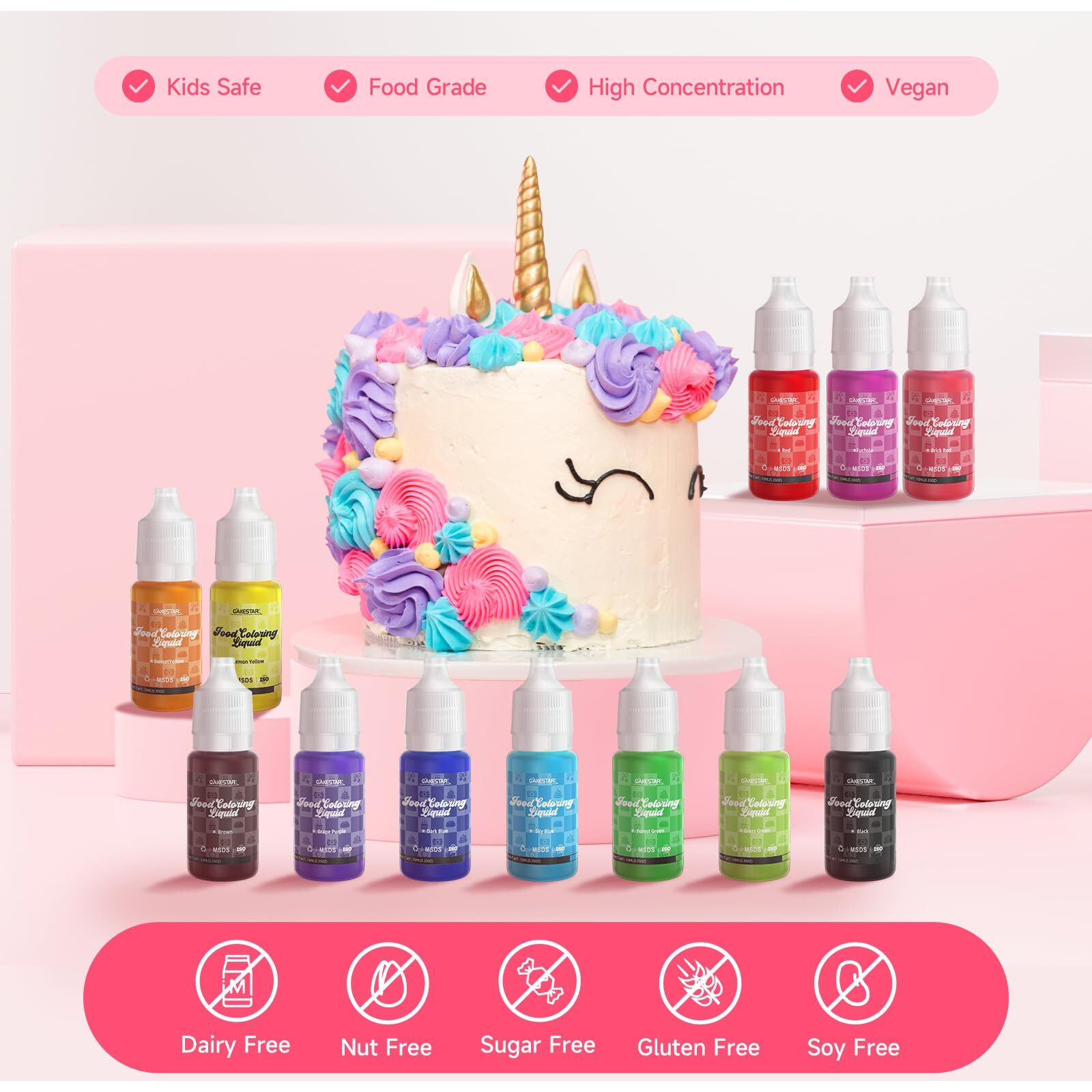 Cakestar Food Coloring Liquid 12 Colors, Vibrant Food Coloring For Slime, Assorted Neon Food Dye For Baking, Cake Decorating, Ice Cream, Frosting, 10Ml/Bottle