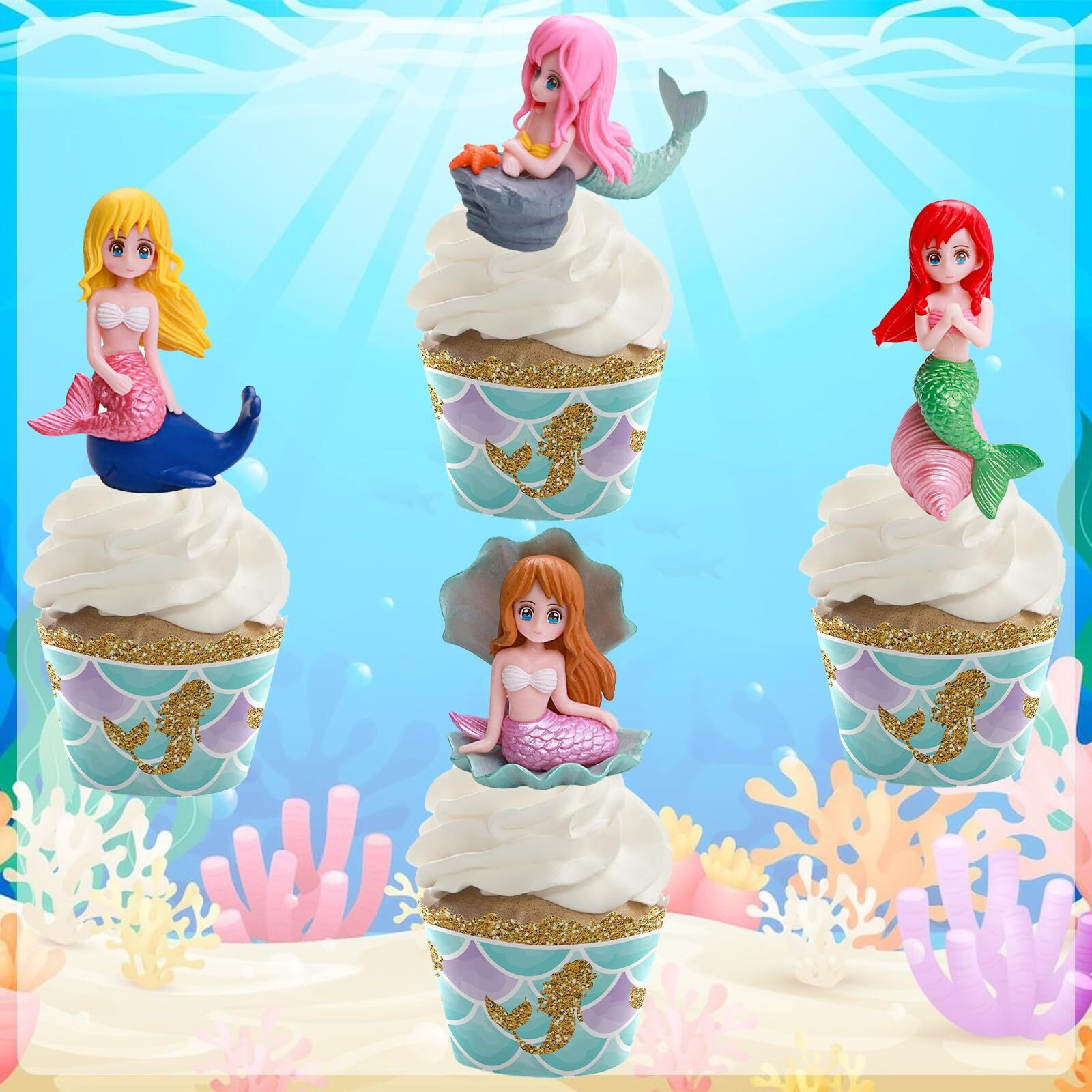 4Pcs Mermaid Cake Topper, Little Cute Mermaid Doll Figurines, Mermaid Birthday Cake Cupcake Topper Decorations For Kids Girls Mermaid Princess Under The Sea Theme Birthday Baby Shower Party