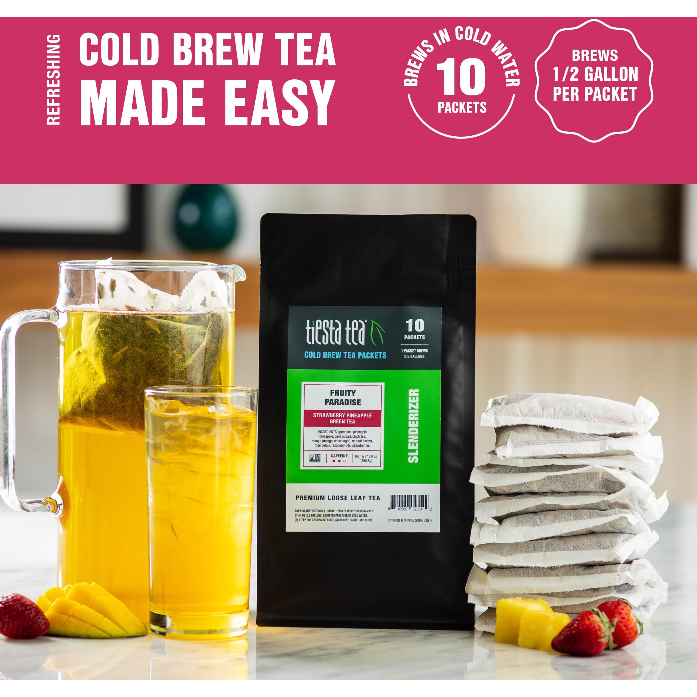 Tiesta Tea - Fruity Paradise Cold Brew Tea - Strawberry Pineapple Green Tea - Loose Leaf Tea Blend - Medium Caffeinated Iced Tea - Cold Brew Tea Packets - Brews 64 Oz Of Pitcher Per Bag (Pack Of 10)