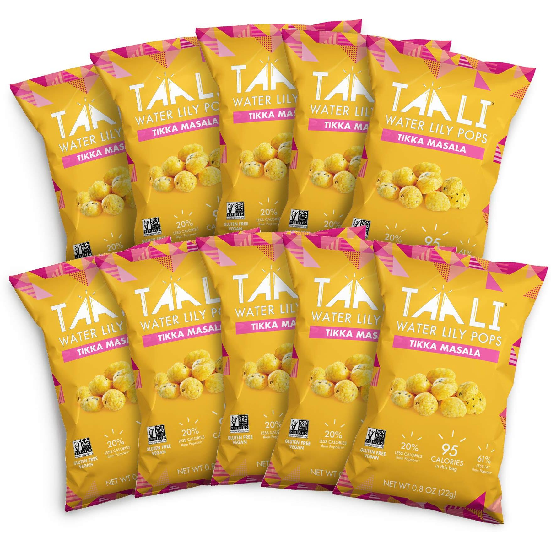 Taali Tikka Masala Water Lily Pops (10-Pack) - Savory Flavor From India | Crunchy Superfood Snack | Protein-Rich Roasted Pops | Gluten Free, Non Gmo | Individual 0.8 Oz Bags