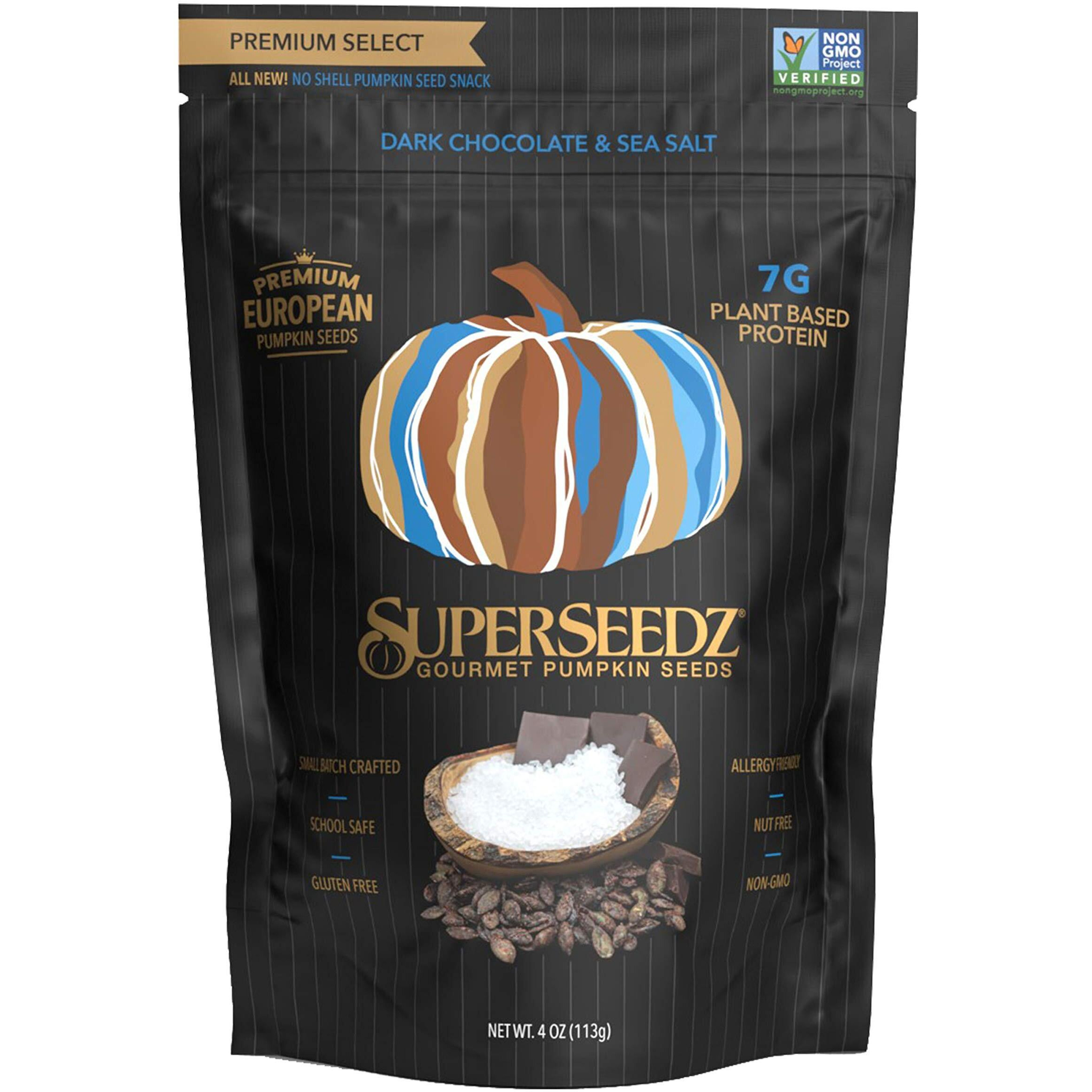 Superseedz Dry Roasted Pumpkin Seeds - Dark Chocolate & Sea Salt Pepitas, Whole 30, Vegan, Keto, 7G Plant Based Protein, Produced In Usa, Nut Free, Fresh Gluten Free Snack (4Oz)