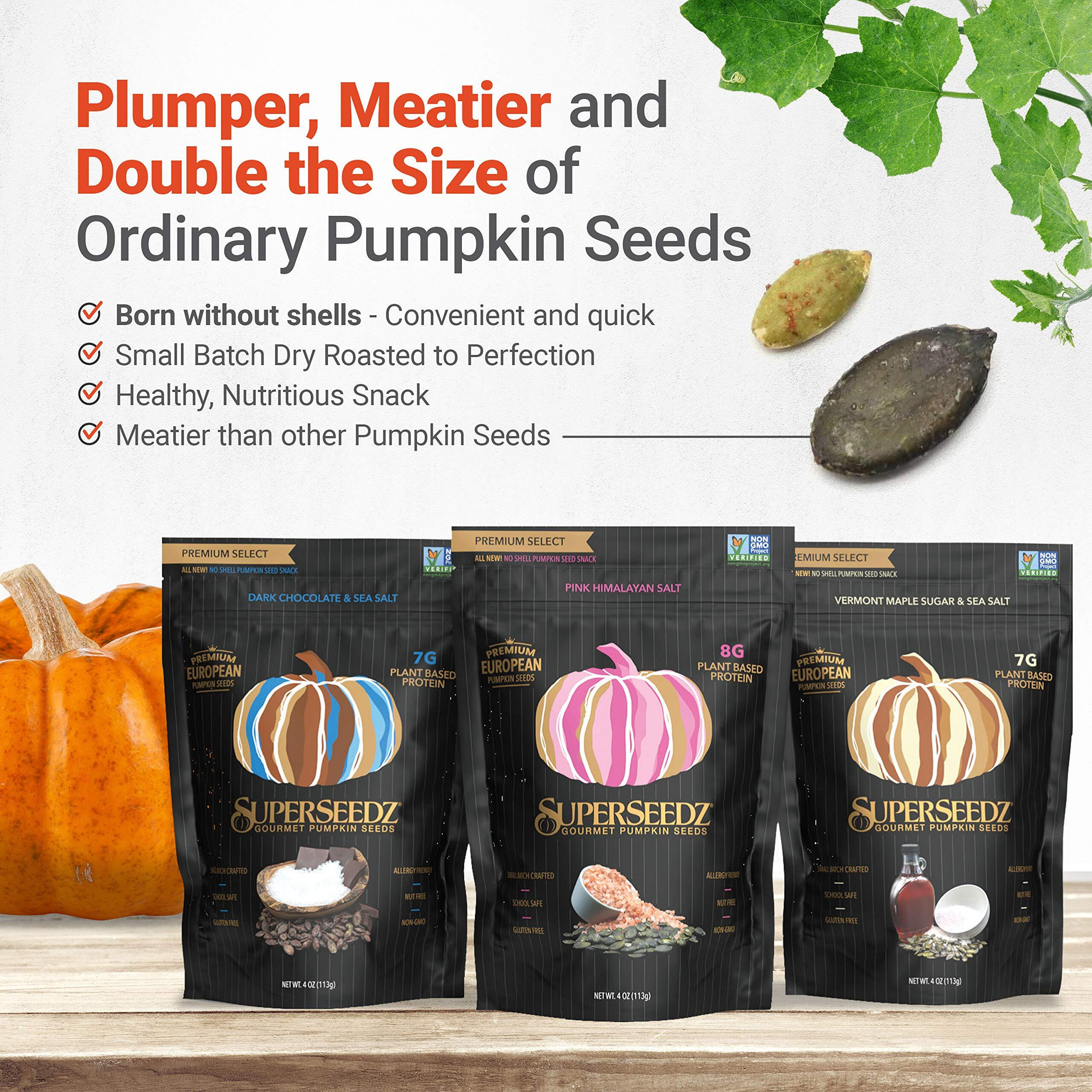 Superseedz Dry Roasted Pumpkin Seeds - Dark Chocolate & Sea Salt Pepitas, Whole 30, Vegan, Keto, 7G Plant Based Protein, Produced In Usa, Nut Free, Fresh Gluten Free Snack (4Oz)