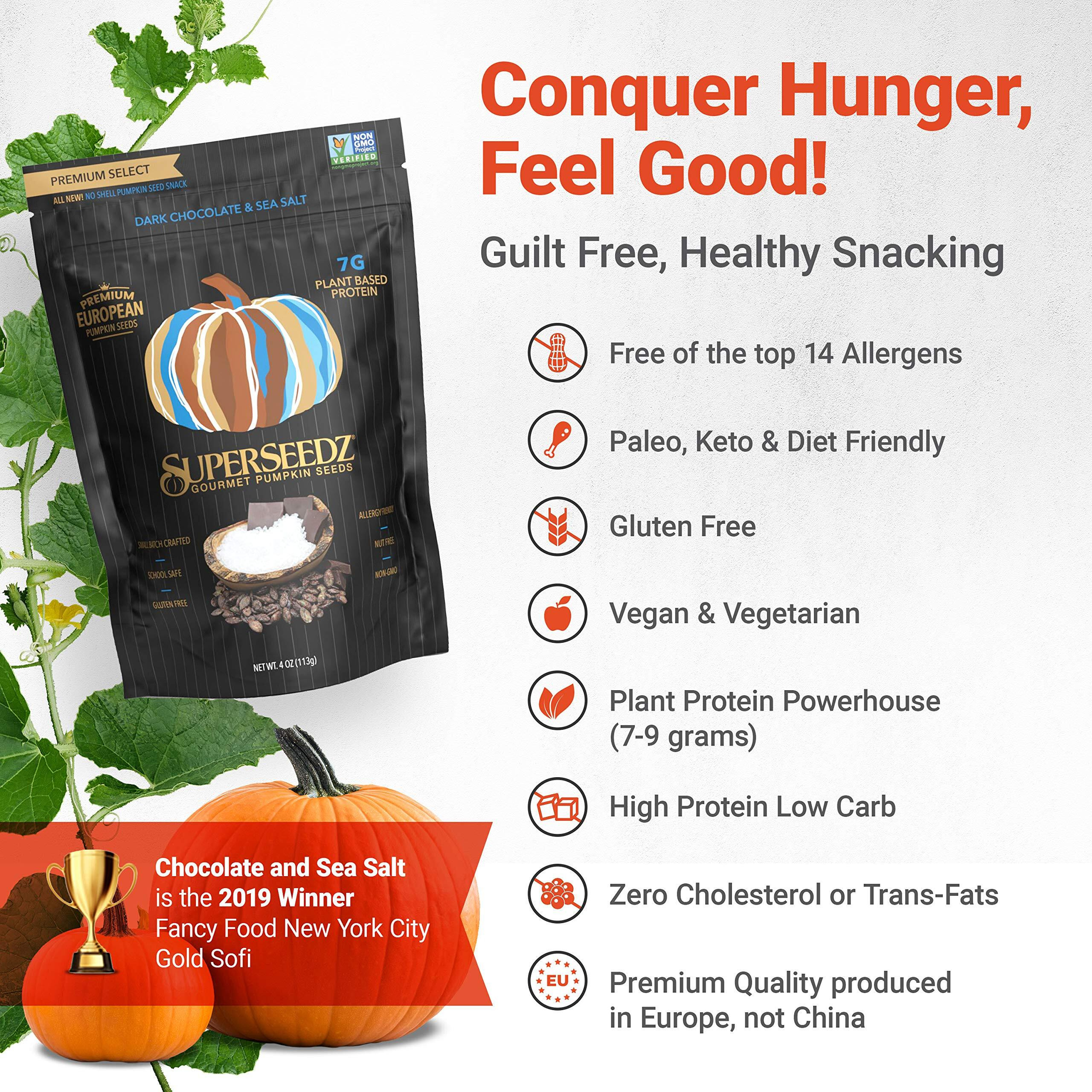 Superseedz Dry Roasted Pumpkin Seeds - Dark Chocolate & Sea Salt Pepitas, Whole 30, Vegan, Keto, 7G Plant Based Protein, Produced In Usa, Nut Free, Fresh Gluten Free Snack (4Oz)