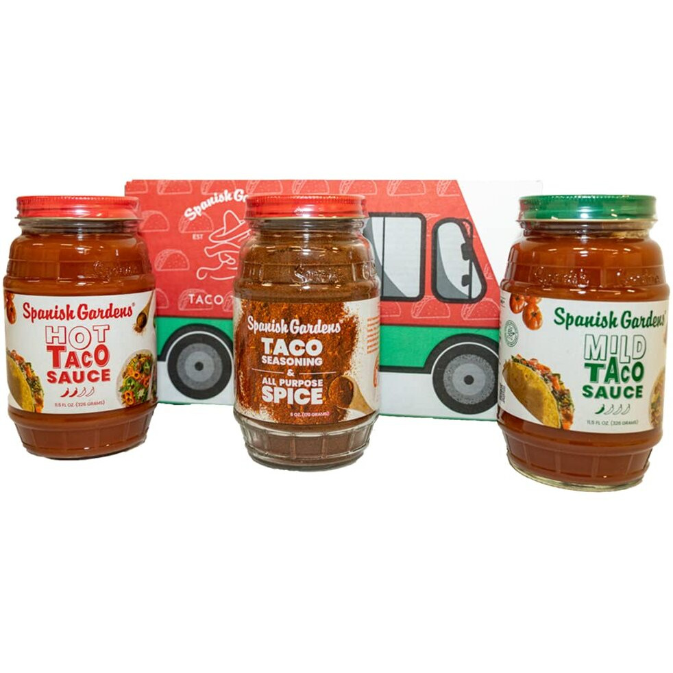 Spanish Gardens Taco Truck Trio - Mild Taco Sauce, Hot Taco Sauce, & Taco Seasoning For Authentic Mexican Food - Original Family Recipe For Tex Mex Food