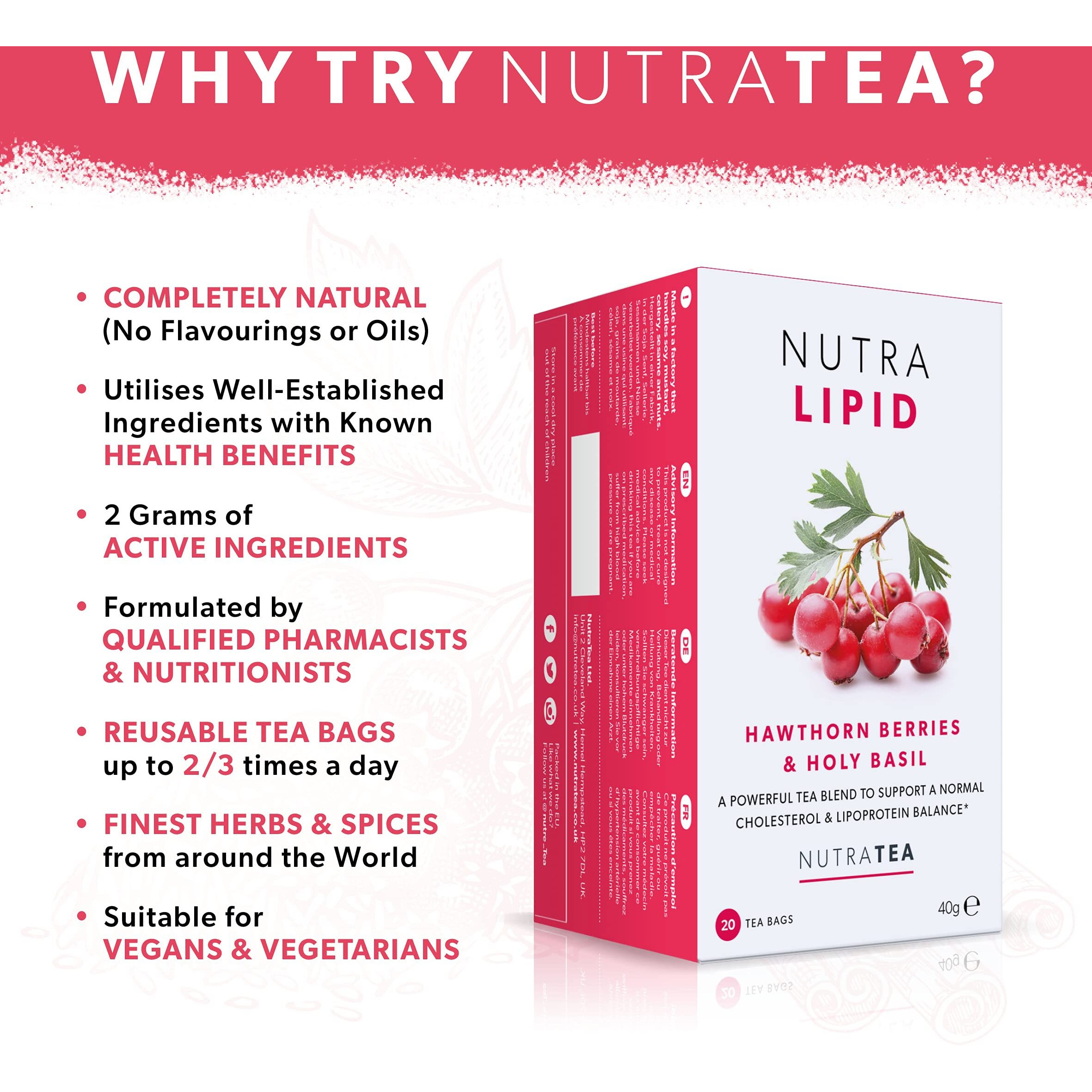 Nutralipid - Lipid Management Tea | Cholesterol Tea - Supports Cholesterol Levels And Heart Health - Includes Red Yeast Rice & Fenugreek - 40 Enveloped Tea Bags - By Nutra Tea - Herbal Tea - (2 Pack)