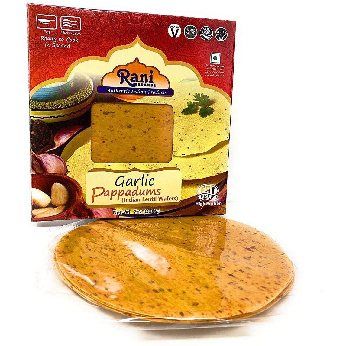 Rani Pappadums (Indian Lentil Wafer Snack) Garlic Papad 7Oz (200G) Approximately 15Pc, 7 Inches ~ All Natural | Gluten Friendly | Non-Gmo | Vegan | Indian Origin
