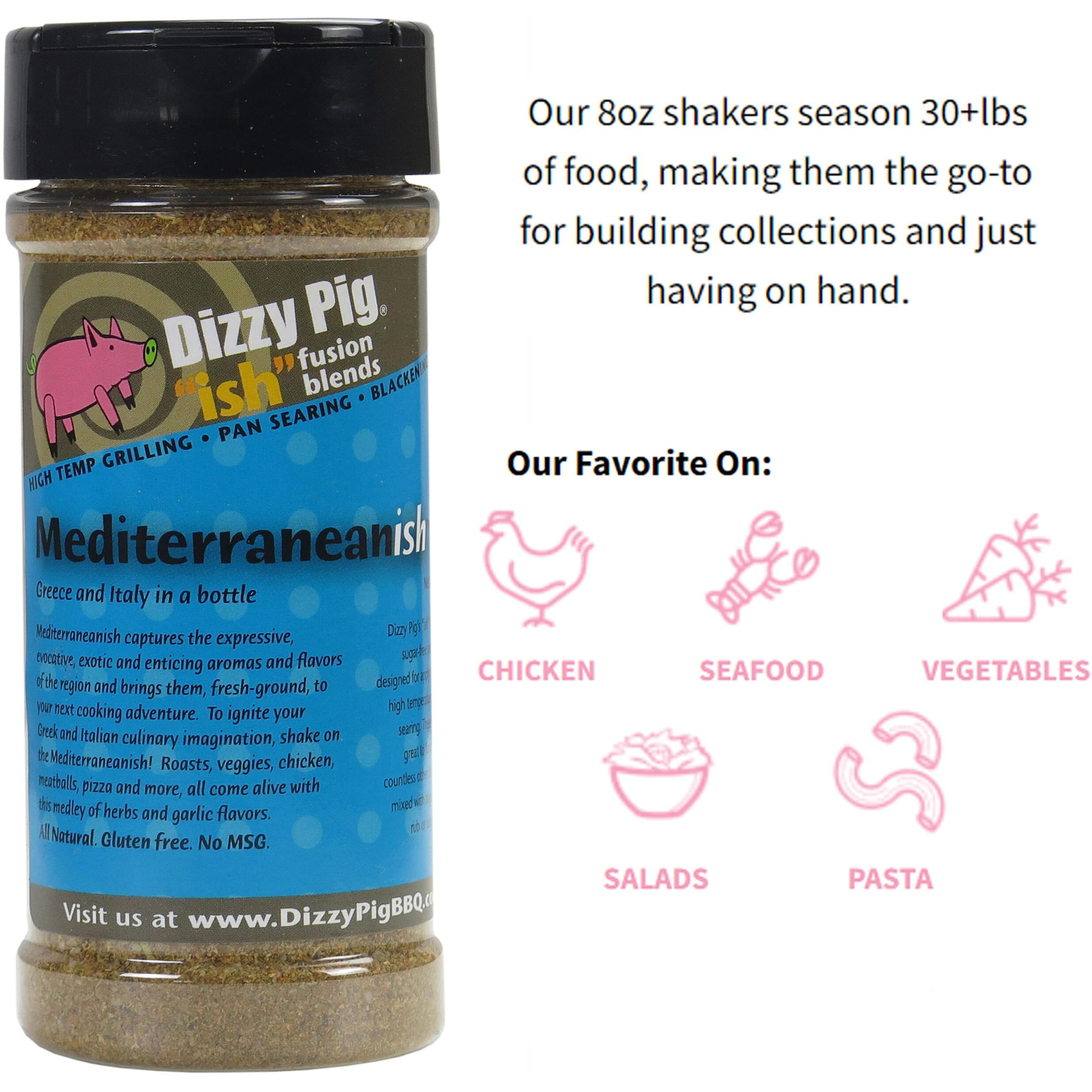 Dizzy Pig Ish Fusion Mediterranean-Ish Greek & Italian Seasoning (8Oz Shaker) - Seasons 30+Lbs Of Food - Hand Made In The Usa - Msg Free, Gluten Free