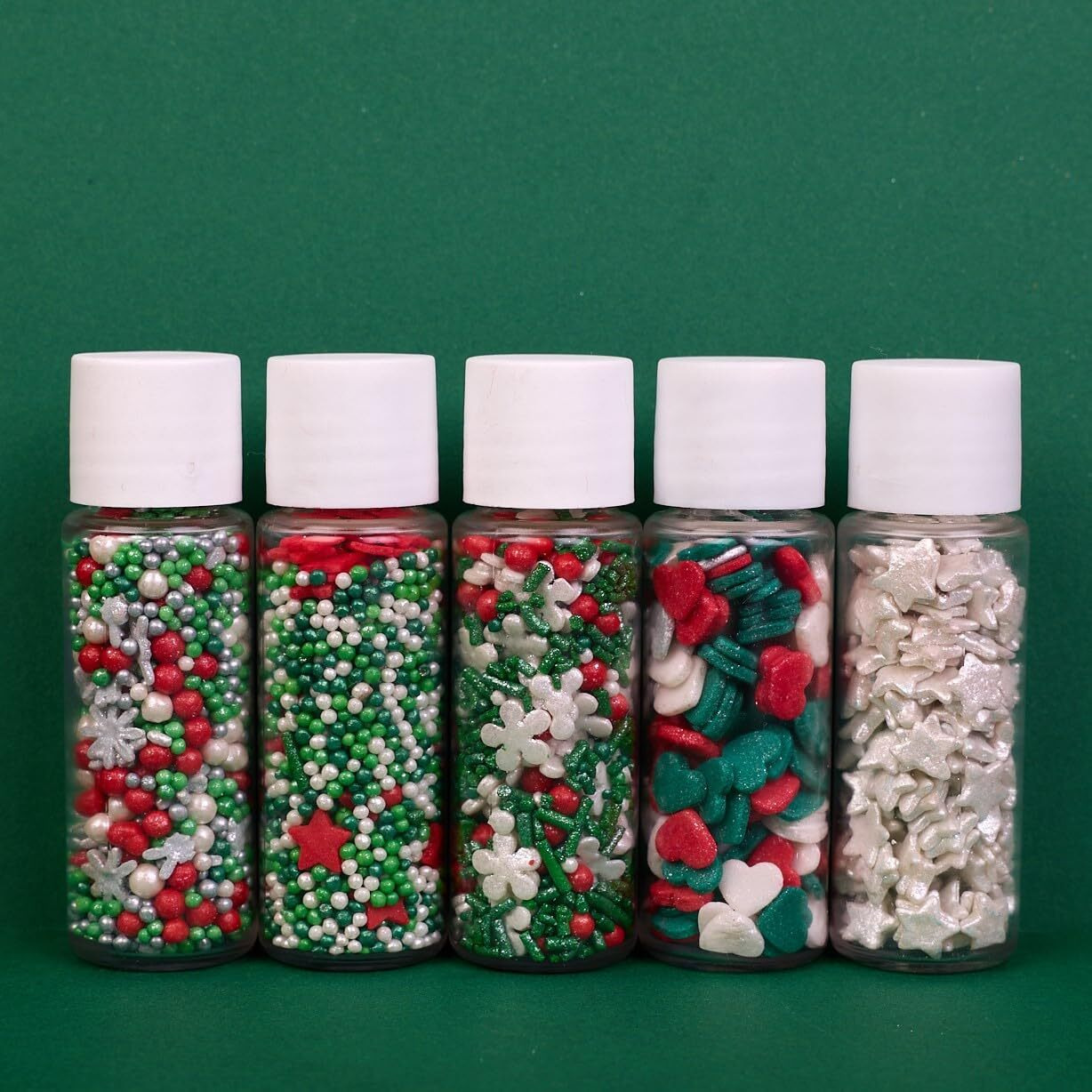 Confect Christmas Sprinkles | Sprinkles For Baking & Cake Decorative | Assorted Pack Of 5 Silver, Red, Green & White I Heart, Stars, Snowflakes Sparkling Sugar | Cookie Sprinkles| Dessert Decorating