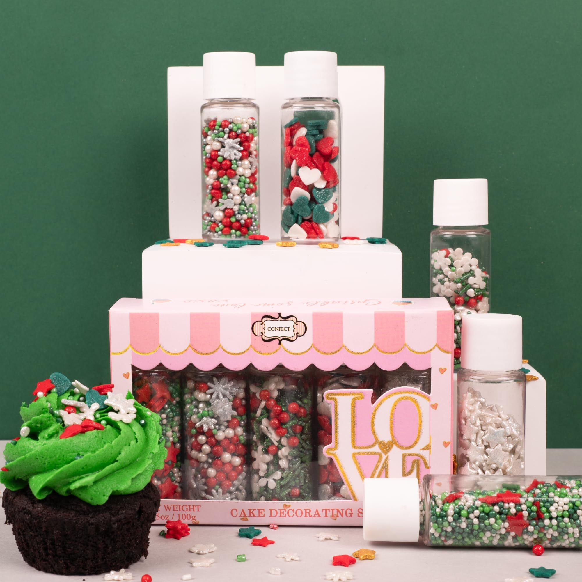 Confect Christmas Sprinkles | Sprinkles For Baking & Cake Decorative | Assorted Pack Of 5 Silver, Red, Green & White I Heart, Stars, Snowflakes Sparkling Sugar | Cookie Sprinkles| Dessert Decorating