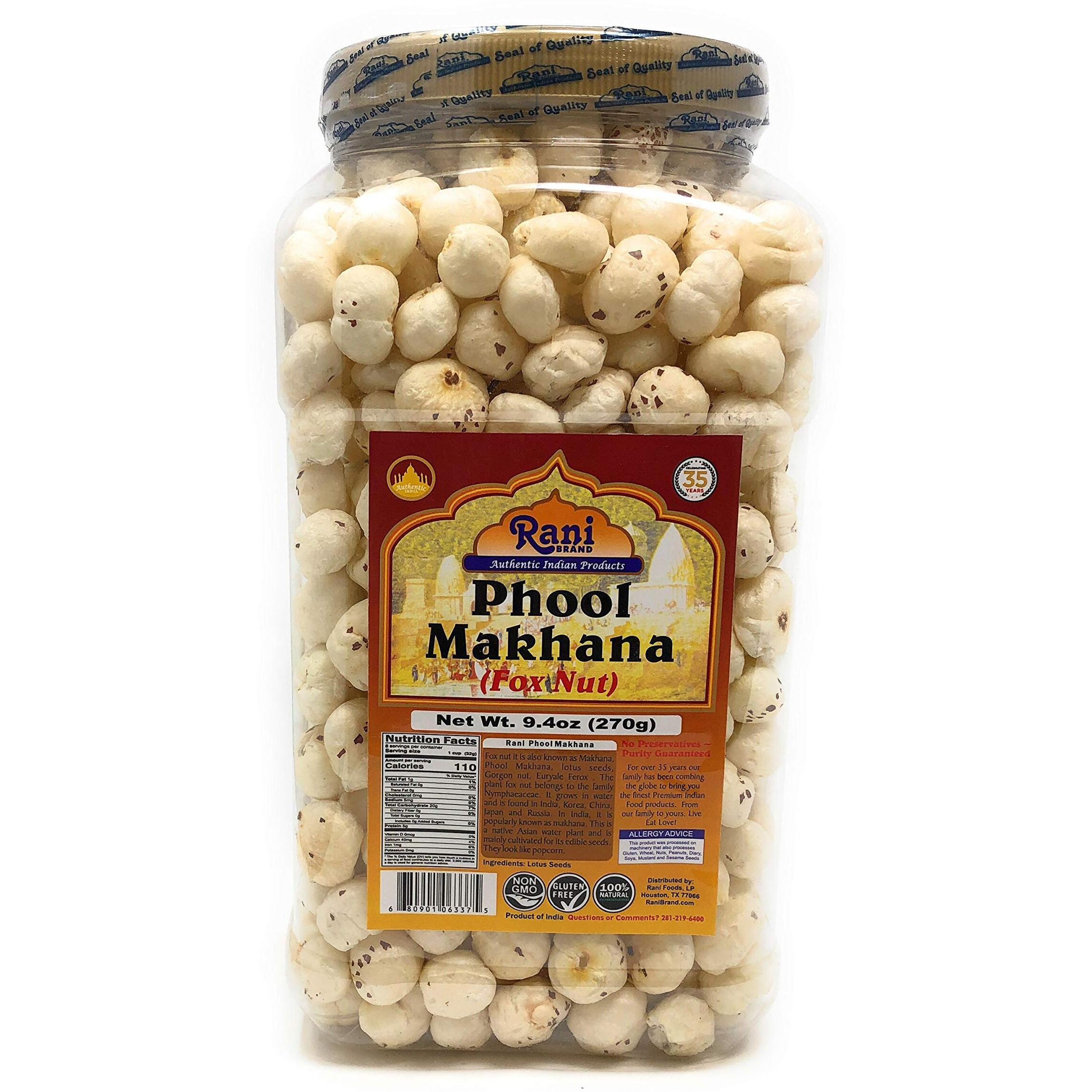 Rani Jumbo Phool Makhana (Fox Nut/Popped Lotus Seed) Plain Raw Uncooked 9.4Oz (270G) Pet Jar ~ All Natural | Vegan | No Colors | Gluten Friendly | Non-Gmo | Indian Origin