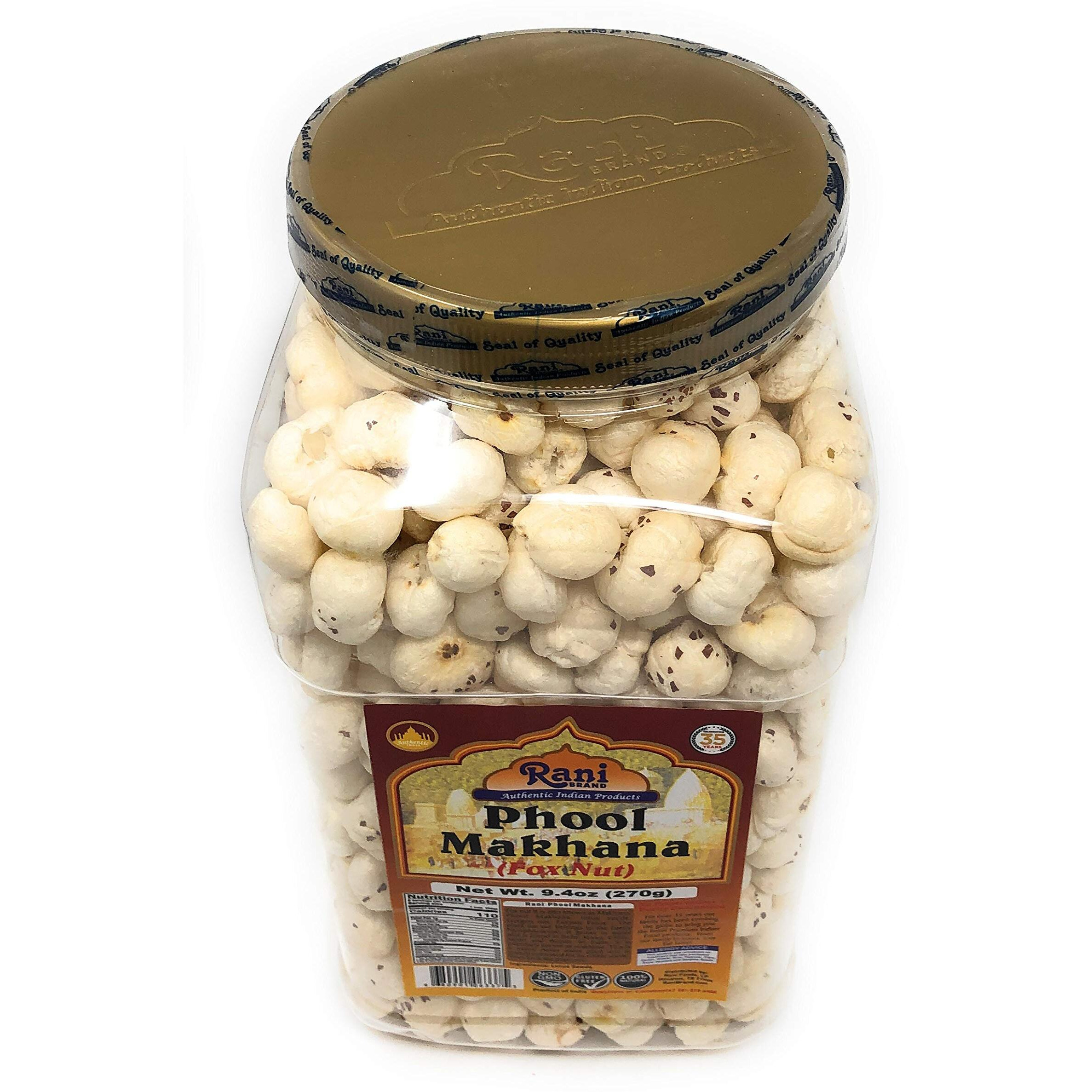 Rani Jumbo Phool Makhana (Fox Nut/Popped Lotus Seed) Plain Raw Uncooked 9.4Oz (270G) Pet Jar ~ All Natural | Vegan | No Colors | Gluten Friendly | Non-Gmo | Indian Origin