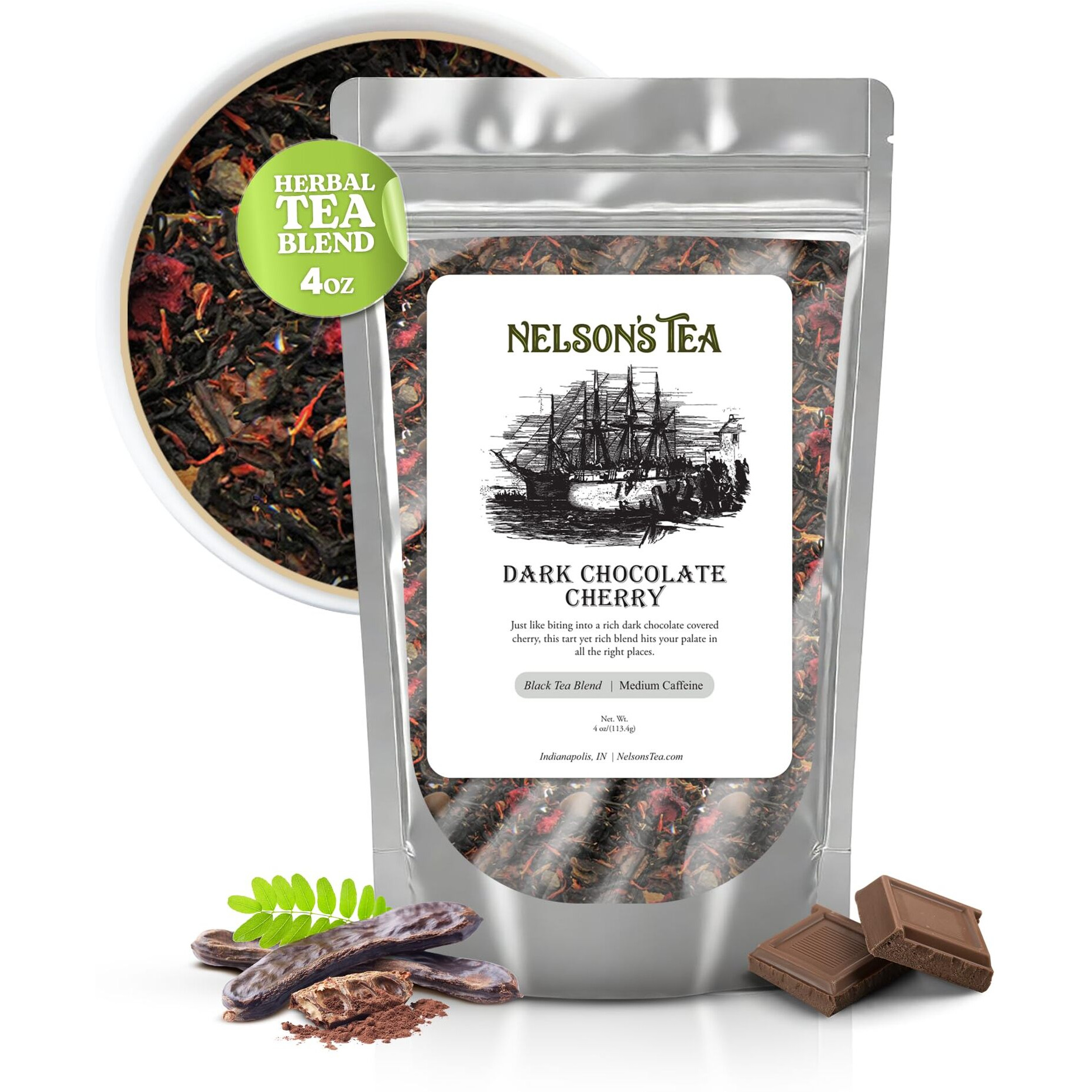 Nelson's Tea Dark Chocolate Cherry - Rich Blend Of Pu-Erh Black Tea, Chocolate Chips, Wild Cherry Bark, Dried Cherries Herbal Loose Leaf Tea - 4Oz