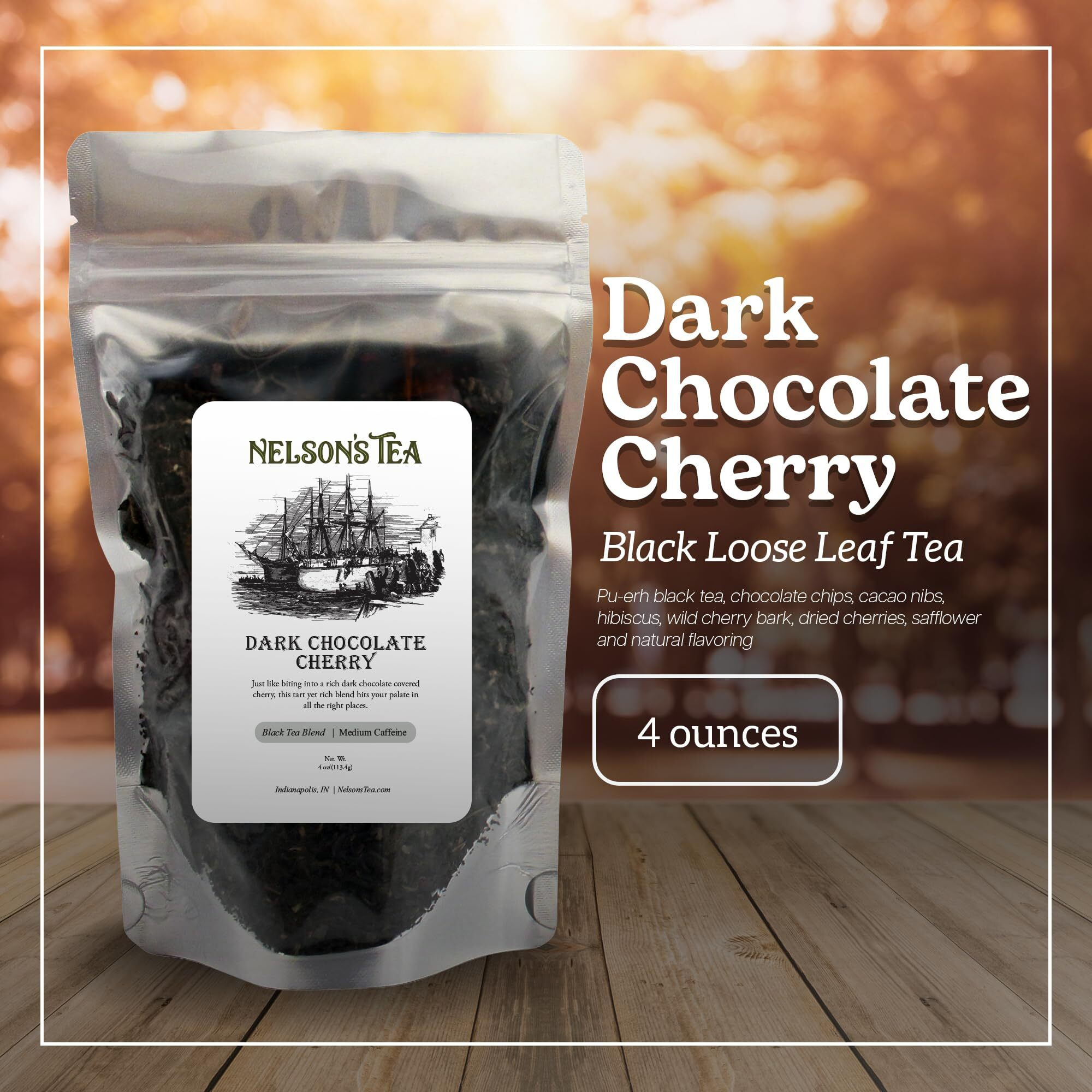 Nelson's Tea Dark Chocolate Cherry - Rich Blend Of Pu-Erh Black Tea, Chocolate Chips, Wild Cherry Bark, Dried Cherries Herbal Loose Leaf Tea - 4Oz