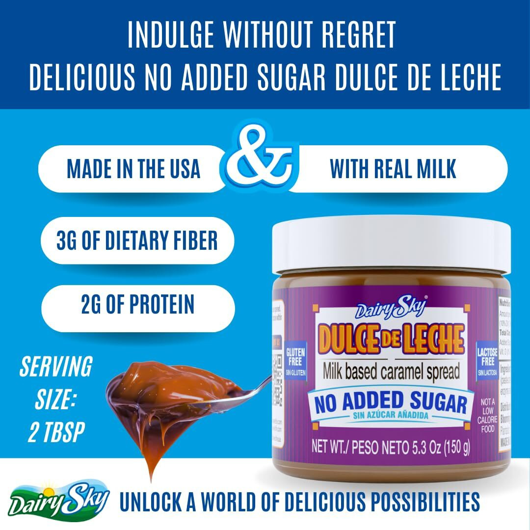 Dairysky Dulce De Leche Sin Azucar Aadida - 5.3 Oz | Gluten & Lactose Free, Milk Based Caramel Spread Caramel Dips And Spreads For Ice Cream, Desserts, Coffee, Pancakes & More