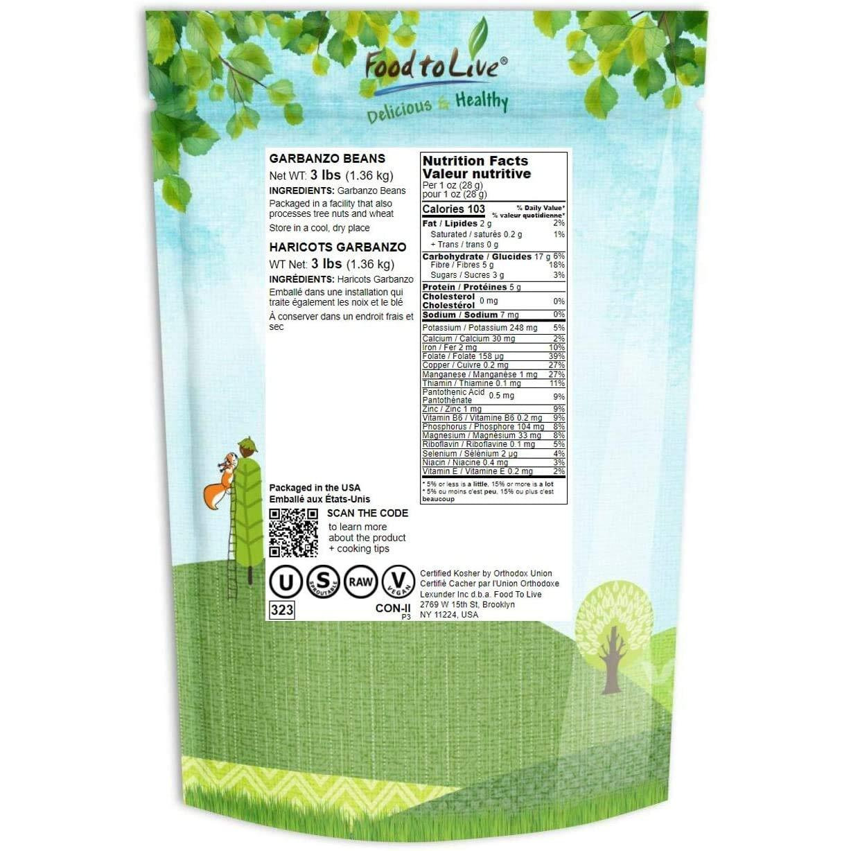 Food To Live - Garbanzo Beans, 3 Pounds Whole Dried Raw Chickpeas, Kosher, Vegan, Bulk, Sproutable, Low Sodium, Good Source Of Dietary Fiber, Protein, Iron, Folate, And Thiamin